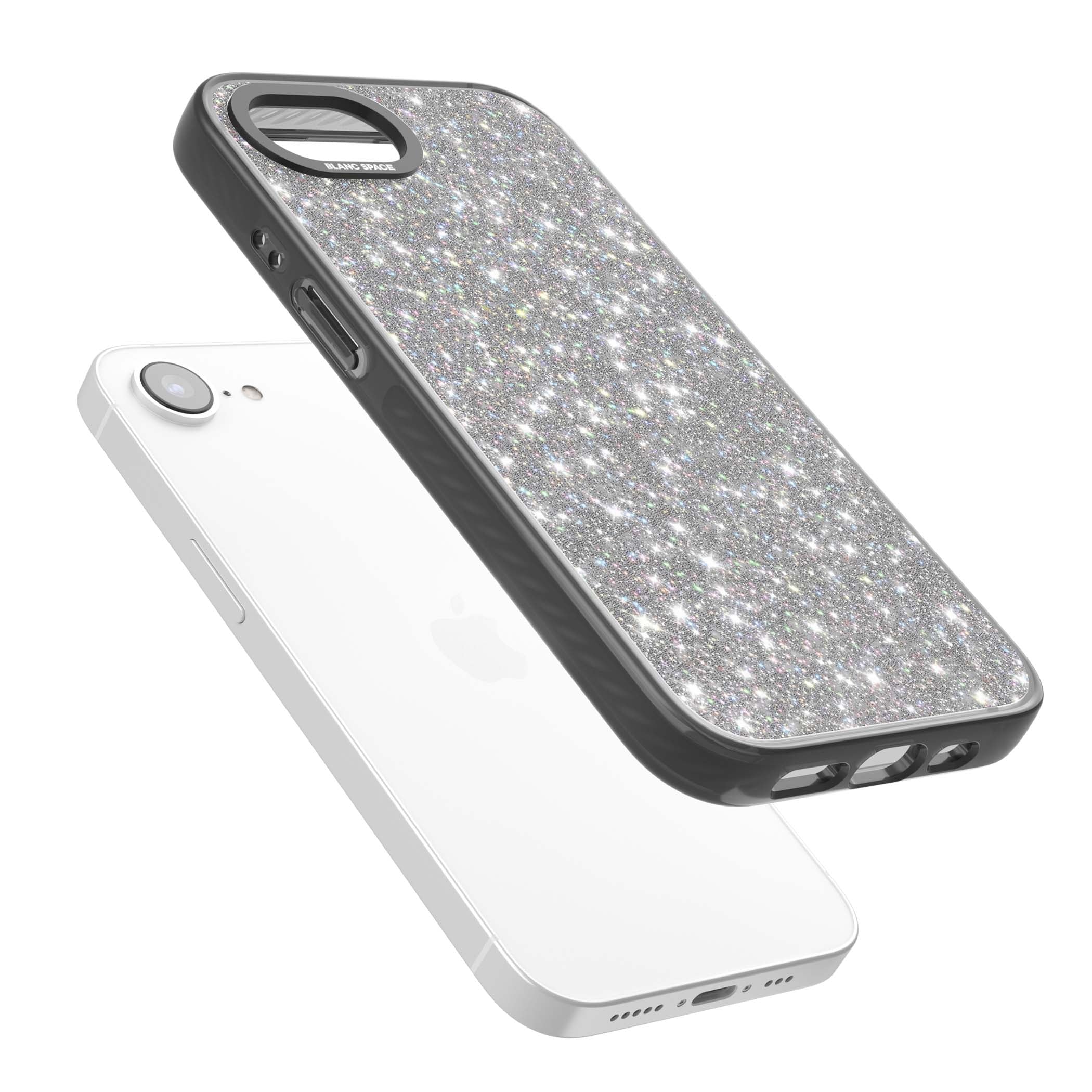 Diamond glam iPhone case featuring silver glitter sparkle and shimmering diamond dust effect | Black Impact Magsafe case for iPhone 16e, iPhone 17e