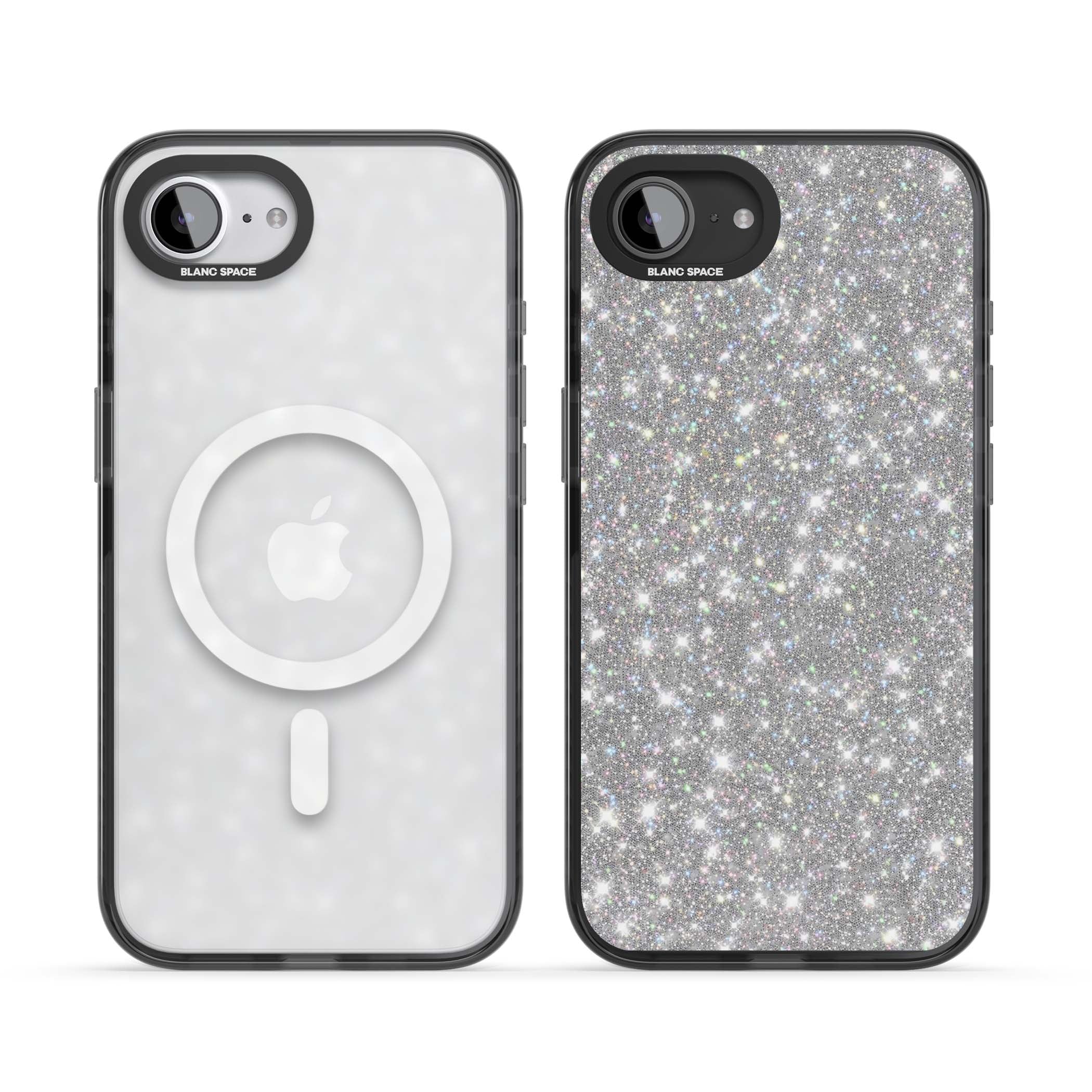 Diamond glam iPhone case featuring silver glitter sparkle and shimmering diamond dust effect | Black Impact Magsafe case for iPhone 16e, iPhone 17e