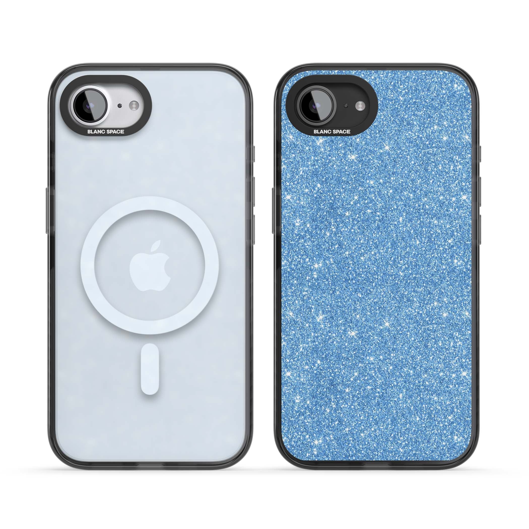 Blue Glitter blue glitter iPhone case featuring dense sparkling cerulean glitter with a glamorous shimmering finish | Black Impact Magsafe case for iPhone 16e, iPhone 17e