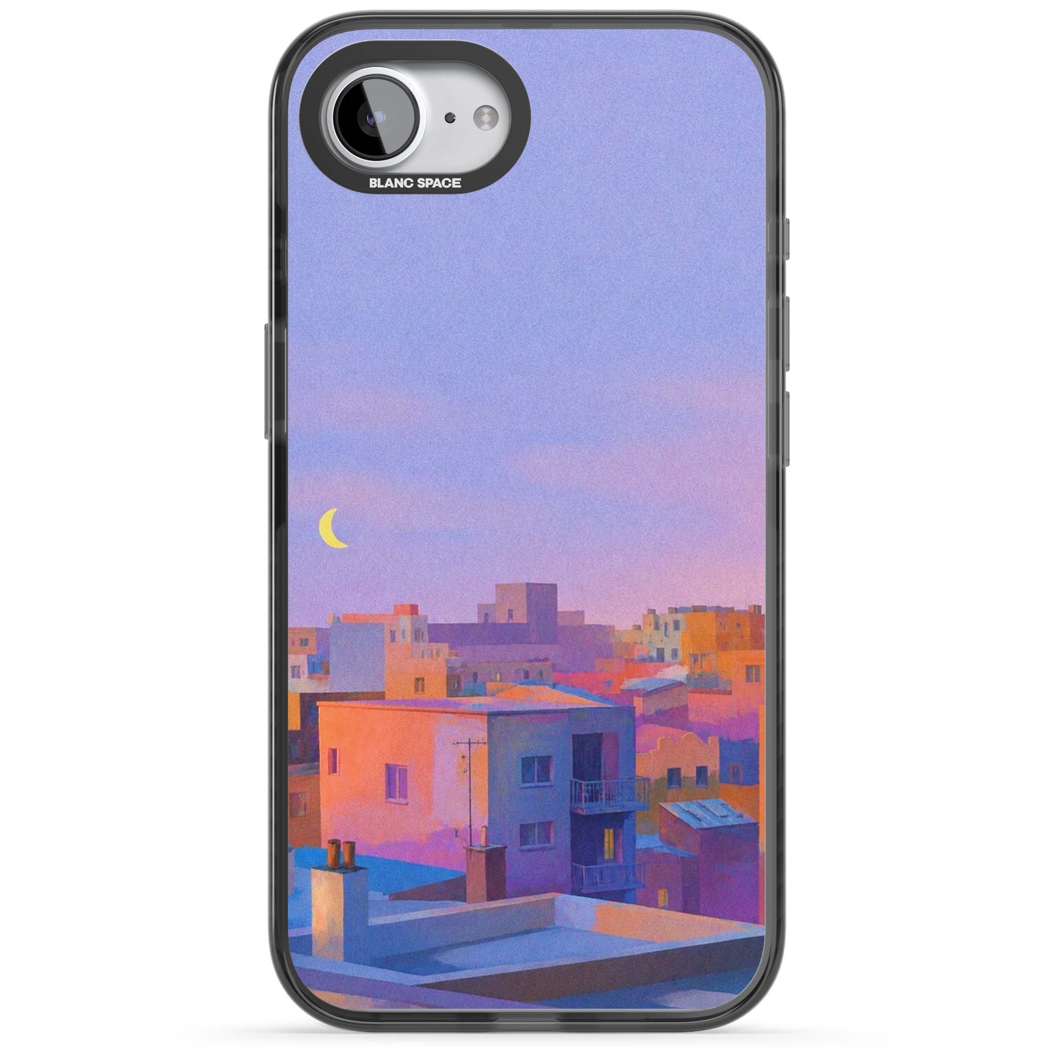 Twilight Rooftops vaporwave iPhone case featuring a pastel sunset cityscape, painted rooftops and a crescent moon. | Black Impact Magsafe case for iPhone 16e, iPhone 17e