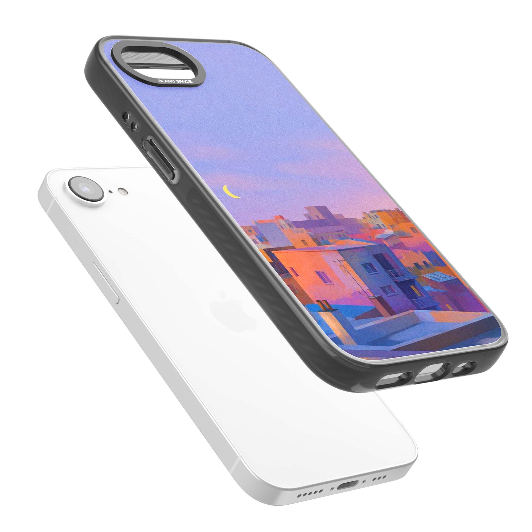 Twilight Rooftops vaporwave iPhone case featuring a pastel sunset cityscape, painted rooftops and a crescent moon. | Black Impact Magsafe case for iPhone 16e, iPhone 17e