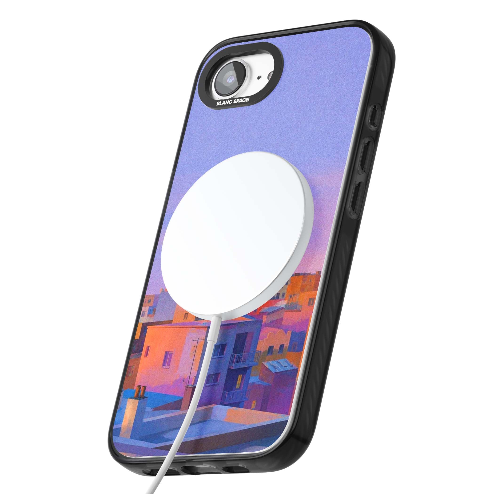 Twilight Rooftops vaporwave iPhone case featuring a pastel sunset cityscape, painted rooftops and a crescent moon. | Black Impact Magsafe case for iPhone 16e, iPhone 17e