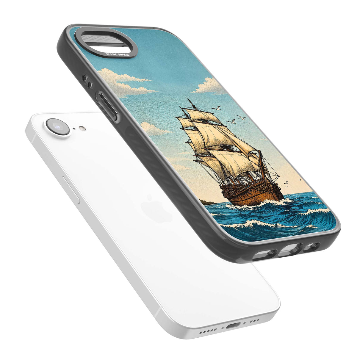 Ship at Sea nautical iPhone case featuring a vintage tall ship, ocean waves and seagulls | Black Impact Magsafe case for iPhone 16e, iPhone 17e