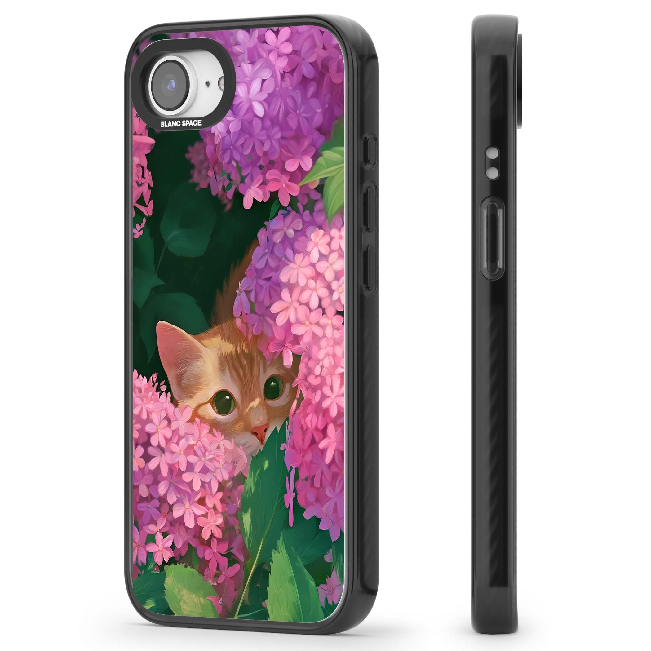 Cat In Pink Flowers cottagecore iPhone case featuring a ginger kitten peeking through lilac and pink hydrangea flo | Black Impact Magsafe case for iPhone 16e, iPhone 17e