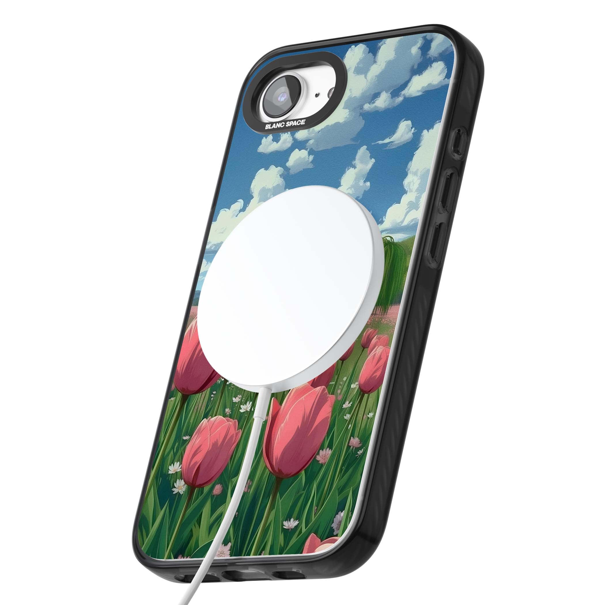 Willow By The Pink Tulips floral iPhone case | Black Impact Magsafe case for iPhone 16e, iPhone 17e
