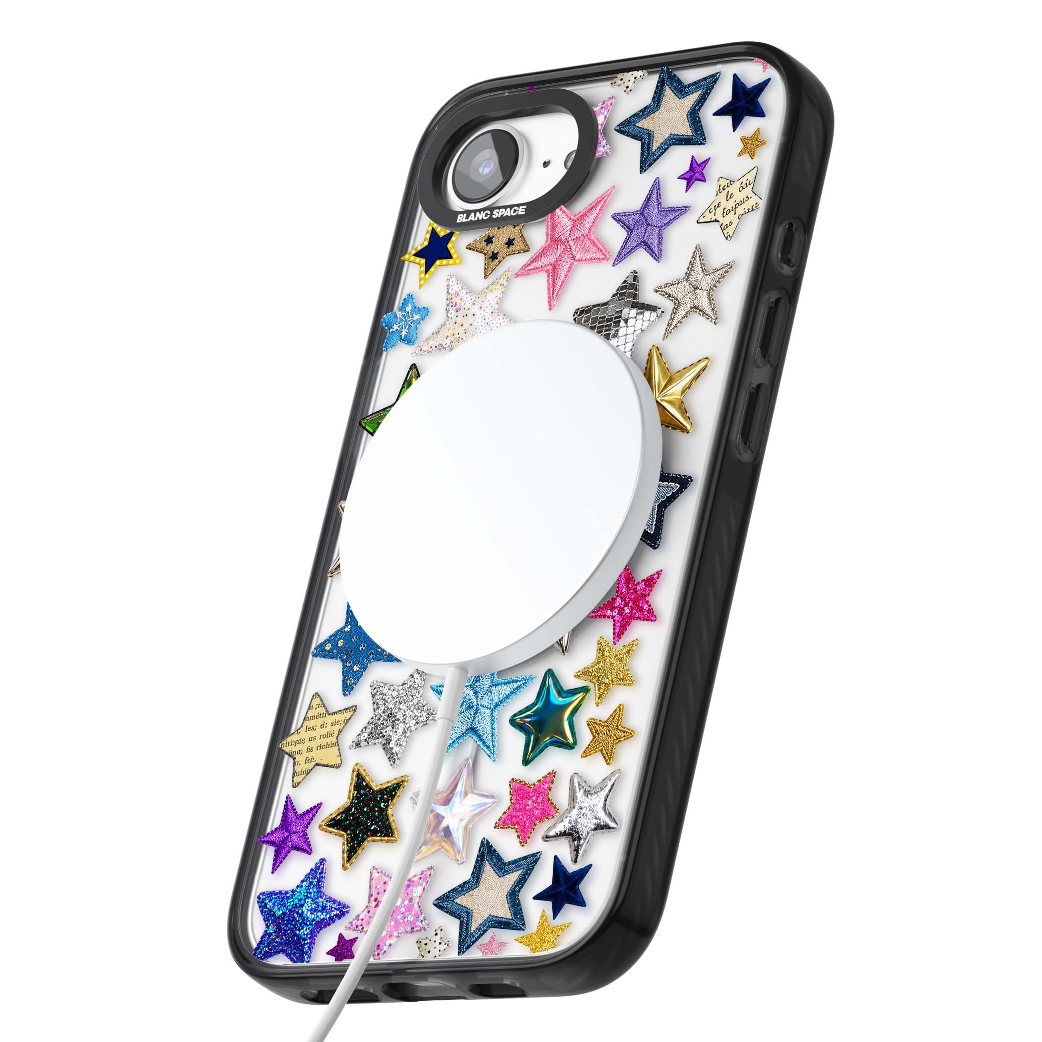Crafty Star Mix Y2K iPhone case featuring embroidered, sequinned and glitter star patches in rainbow colours | Black Impact Magsafe case for iPhone 16e, iPhone 17e