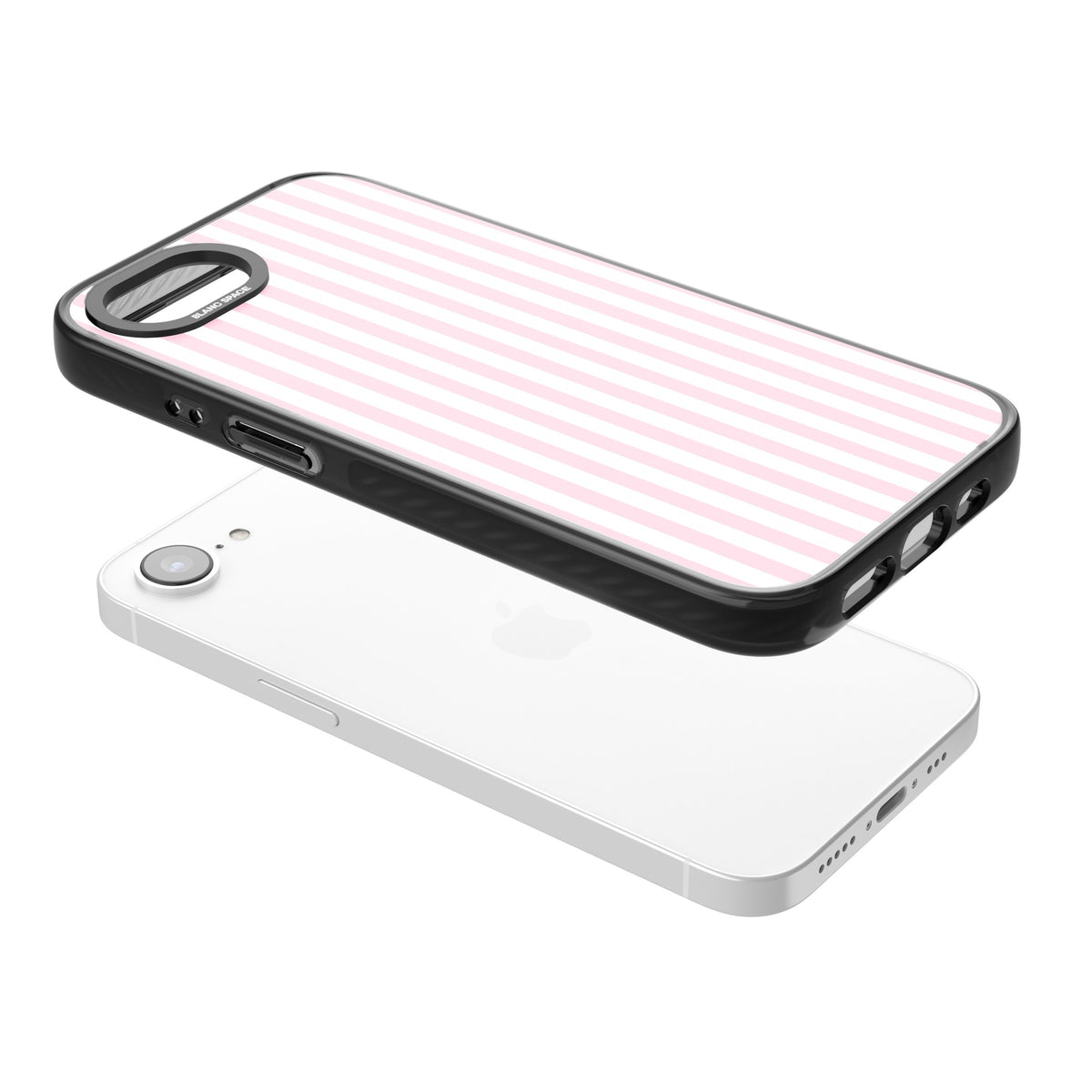 Pink Stripe preppy iPhone case featuring soft pastel pink and white vertical candy stripes iPhone 16e / iPhone 16E / iPhone 17e Impact Pro Black Phone Case angled