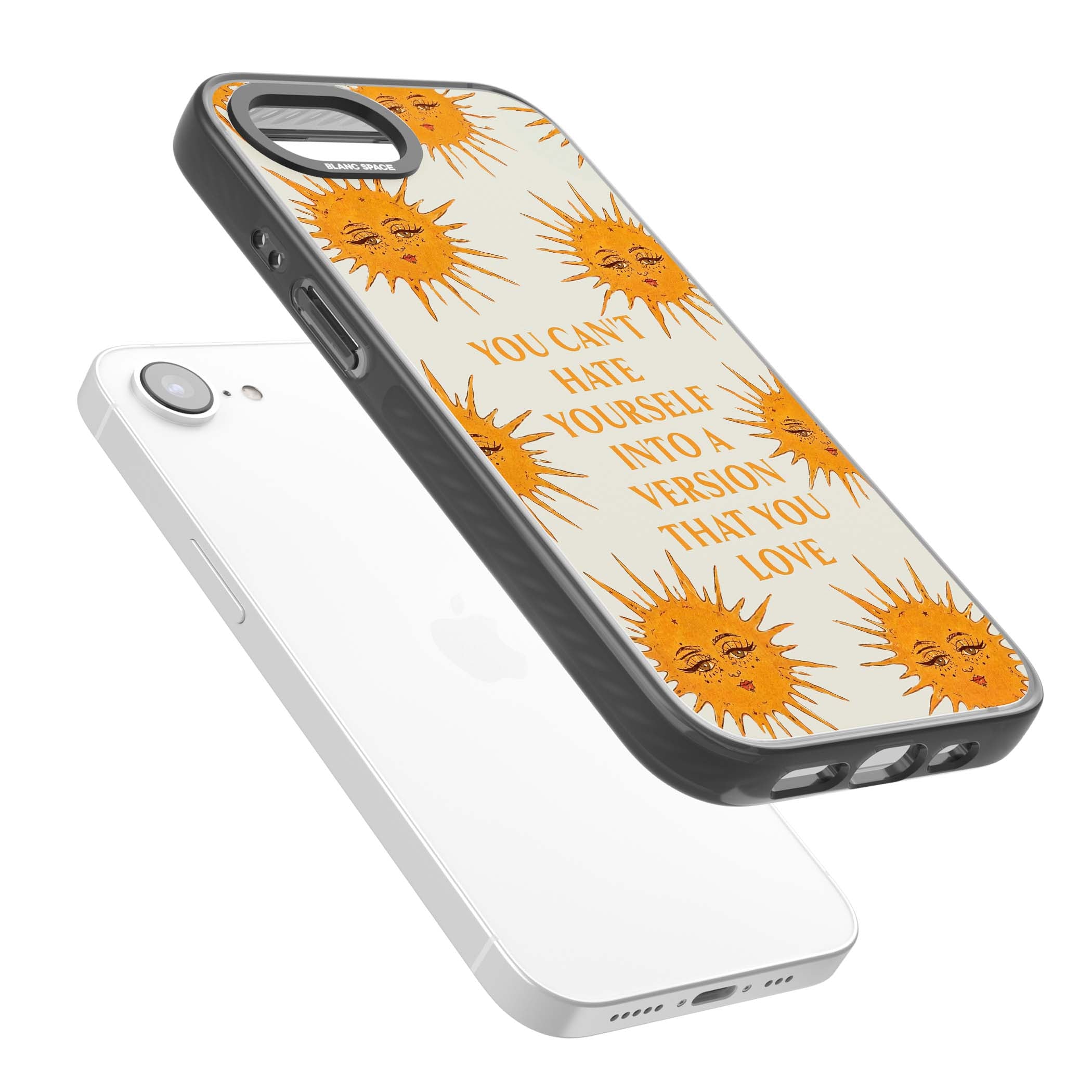 Don't Hate Yourself celestial iPhone case featuring vintage sun faces, ochre rays and a self-love quote | Black Impact Magsafe case for iPhone 16e, iPhone 17e
