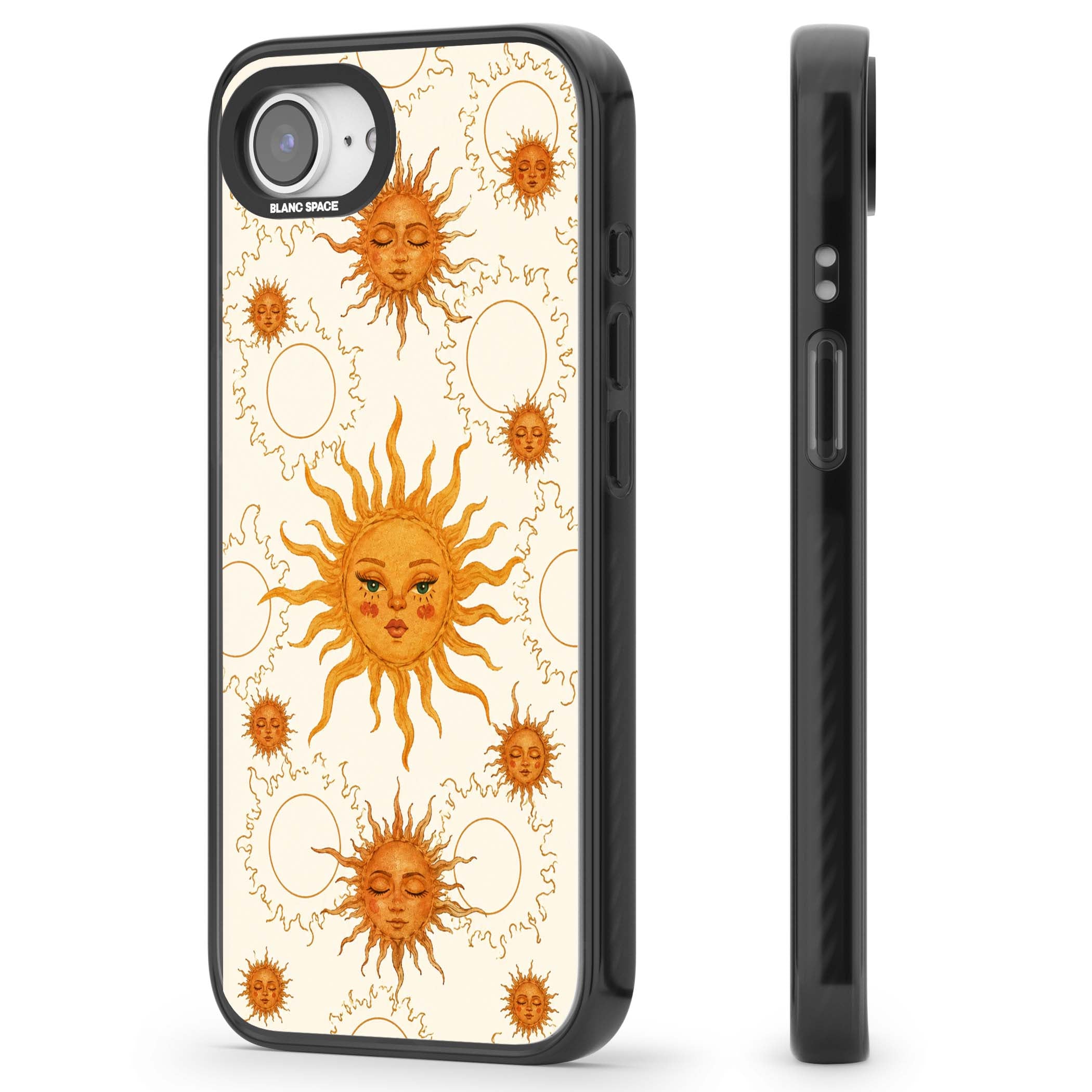 Solstice Muse celestial iPhone case featuring hand-painted golden sun faces, closed-eye sun goddesses and outlined moons... | Black Impact Magsafe case for iPhone 16e, iPhone 17e