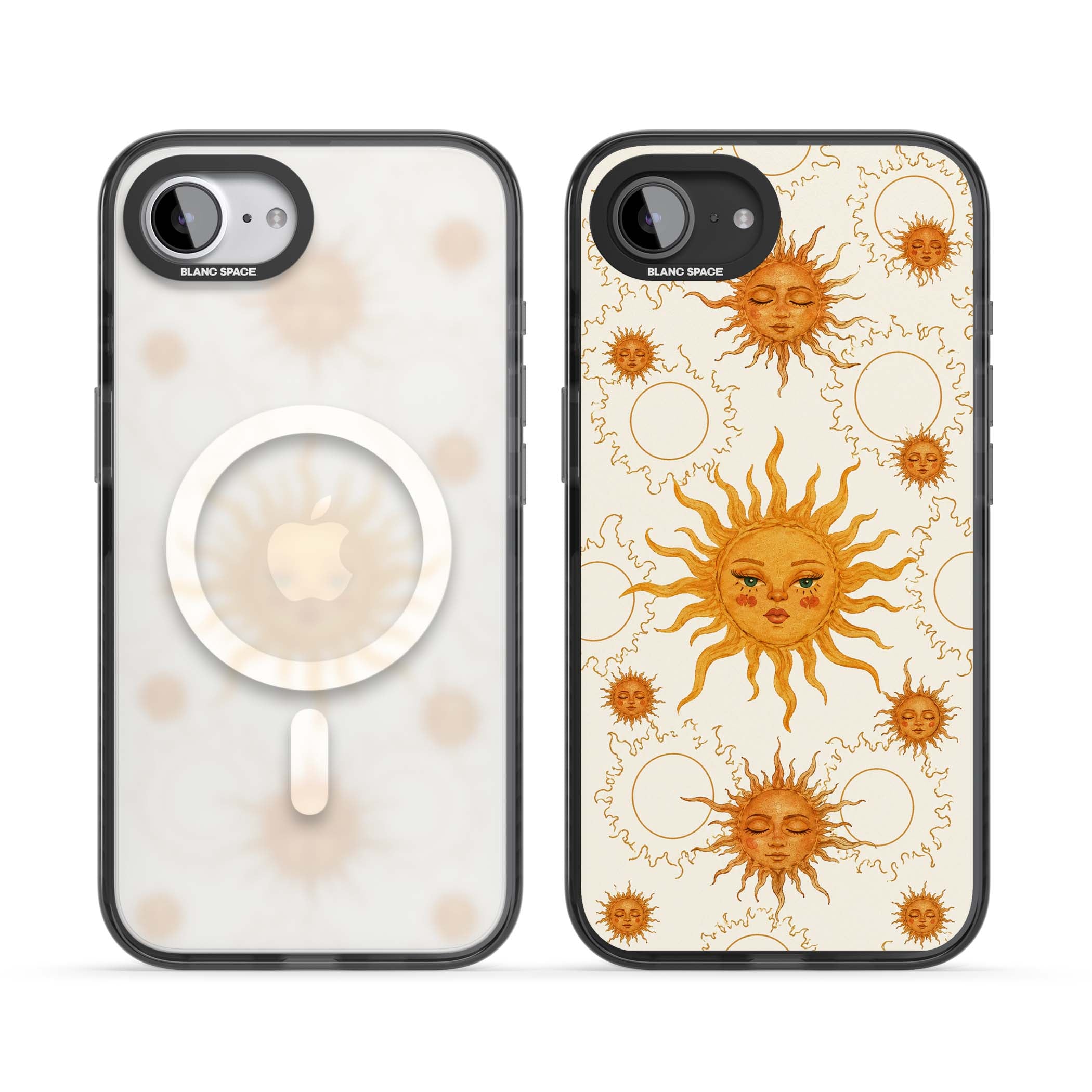 Solstice Muse celestial iPhone case featuring hand-painted golden sun faces, closed-eye sun goddesses and outlined moons... | Black Impact Magsafe case for iPhone 16e, iPhone 17e