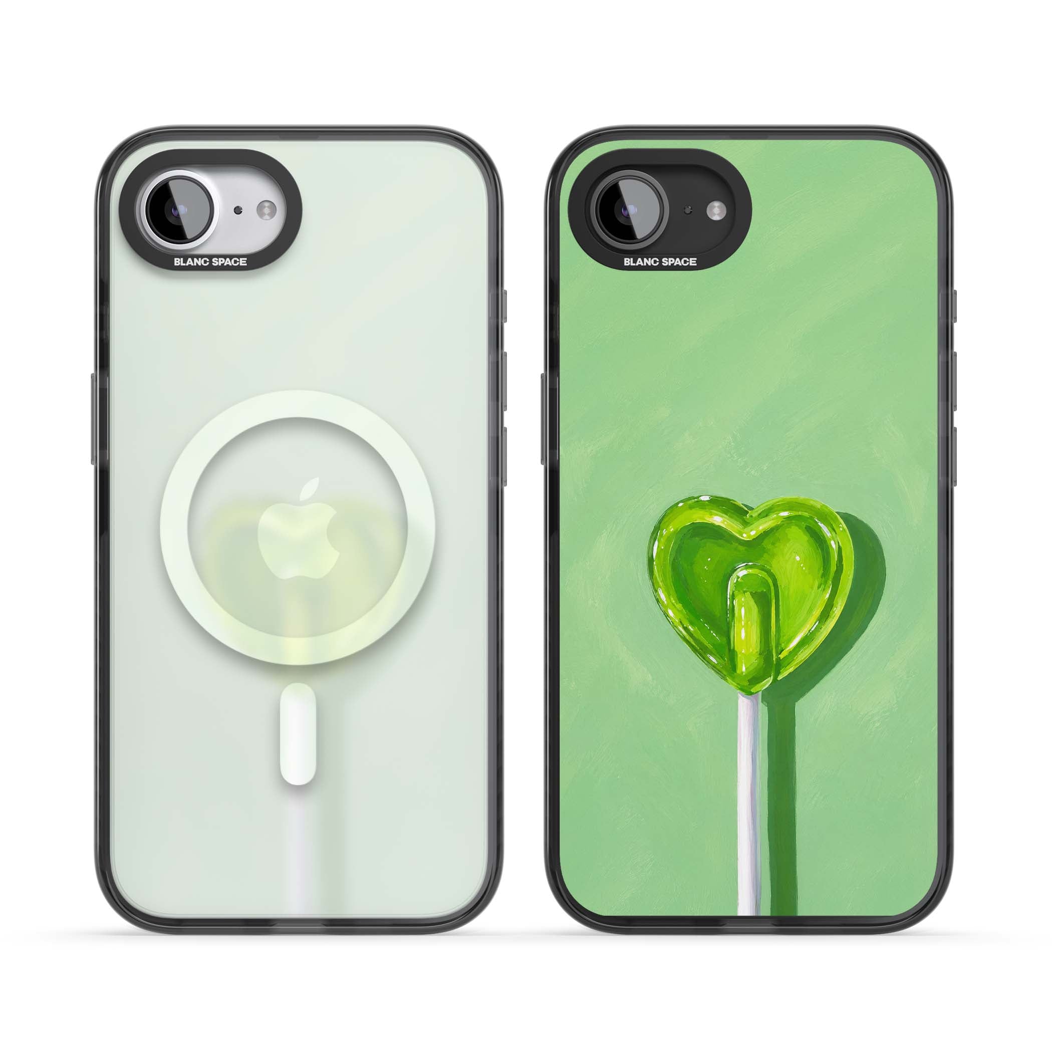 Green Lollipop candy art iPhone case featuring a glossy green heart-shaped lollipop on a painted pastel green background | Black Impact Magsafe case for iPhone 16e, iPhone 17e