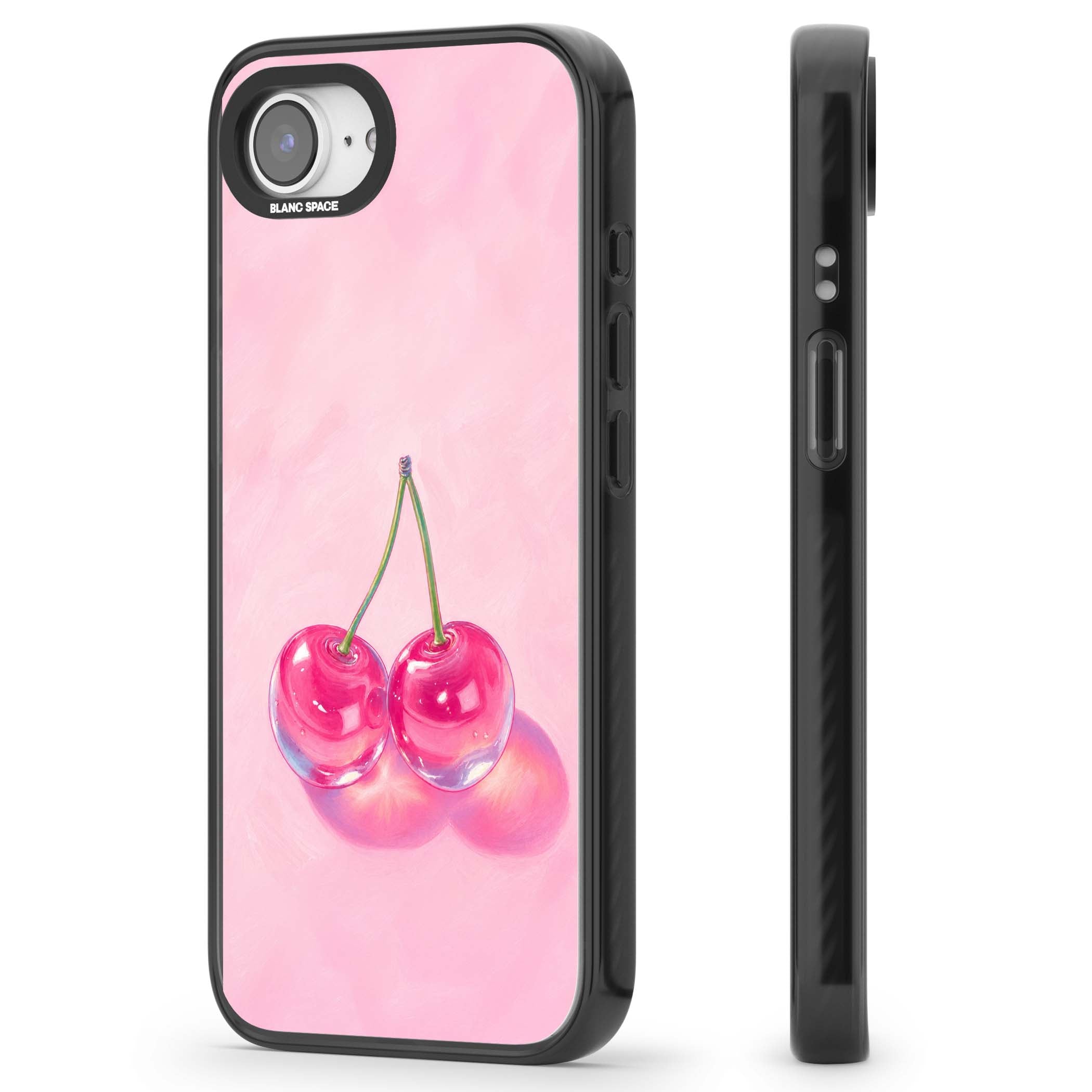 Pink Glass Cherry coquette iPhone case featuring two glossy painted cherries on a soft pink background | Black Impact Magsafe case for iPhone 16e, iPhone 17e