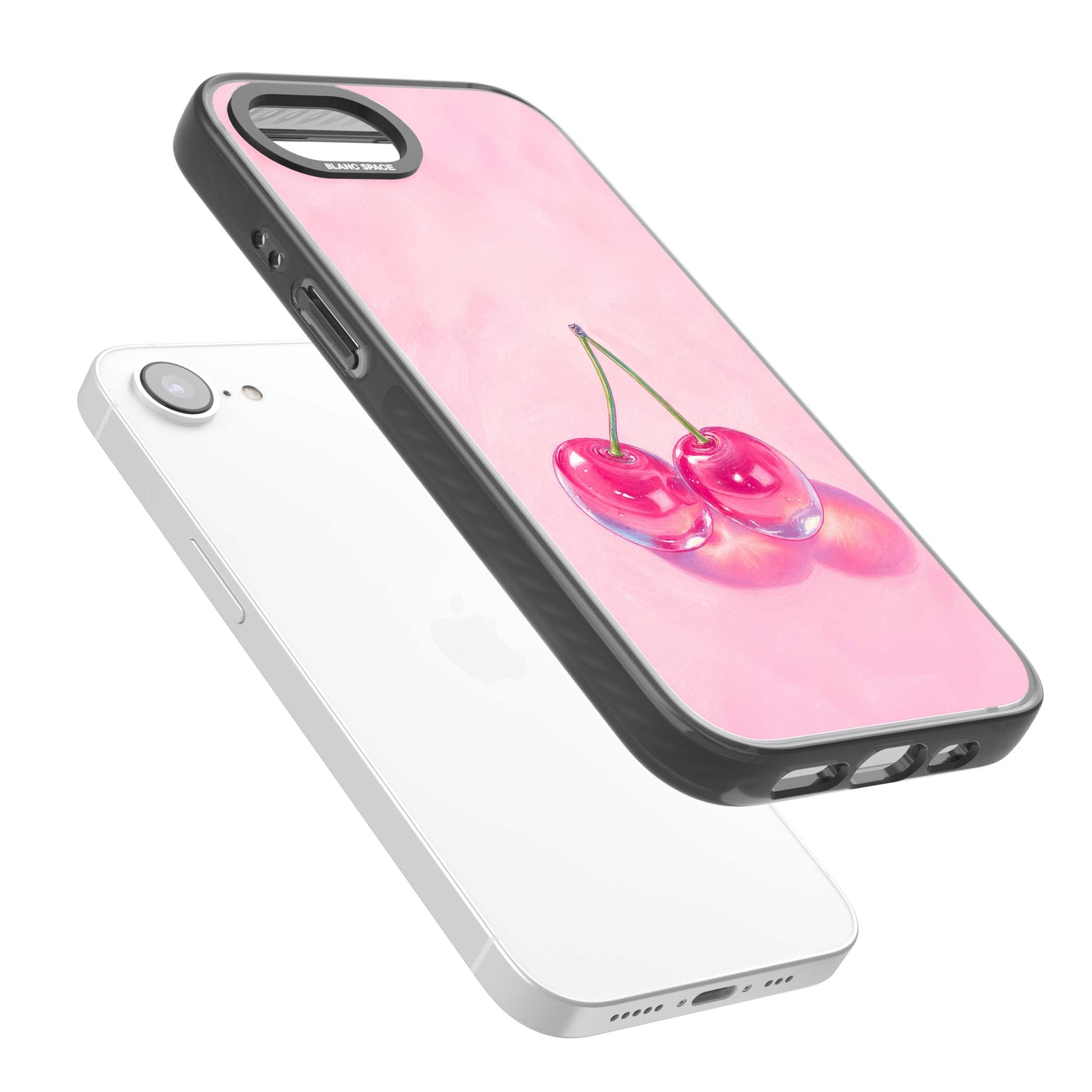 Pink Glass Cherry coquette iPhone case featuring two glossy painted cherries on a soft pink background | Black Impact Magsafe case for iPhone 16e, iPhone 17e