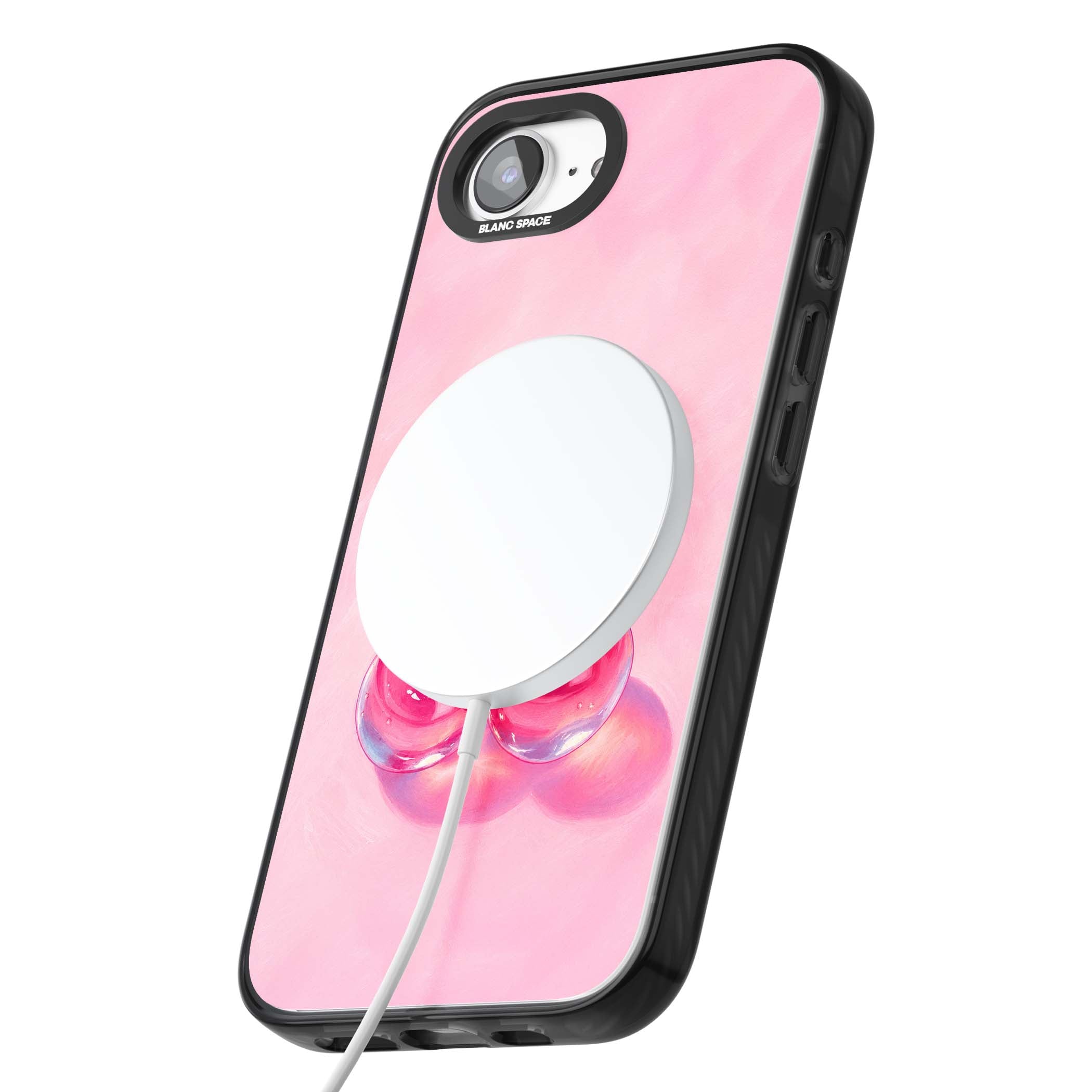 Pink Glass Cherry coquette iPhone case featuring two glossy painted cherries on a soft pink background | Black Impact Magsafe case for iPhone 16e, iPhone 17e