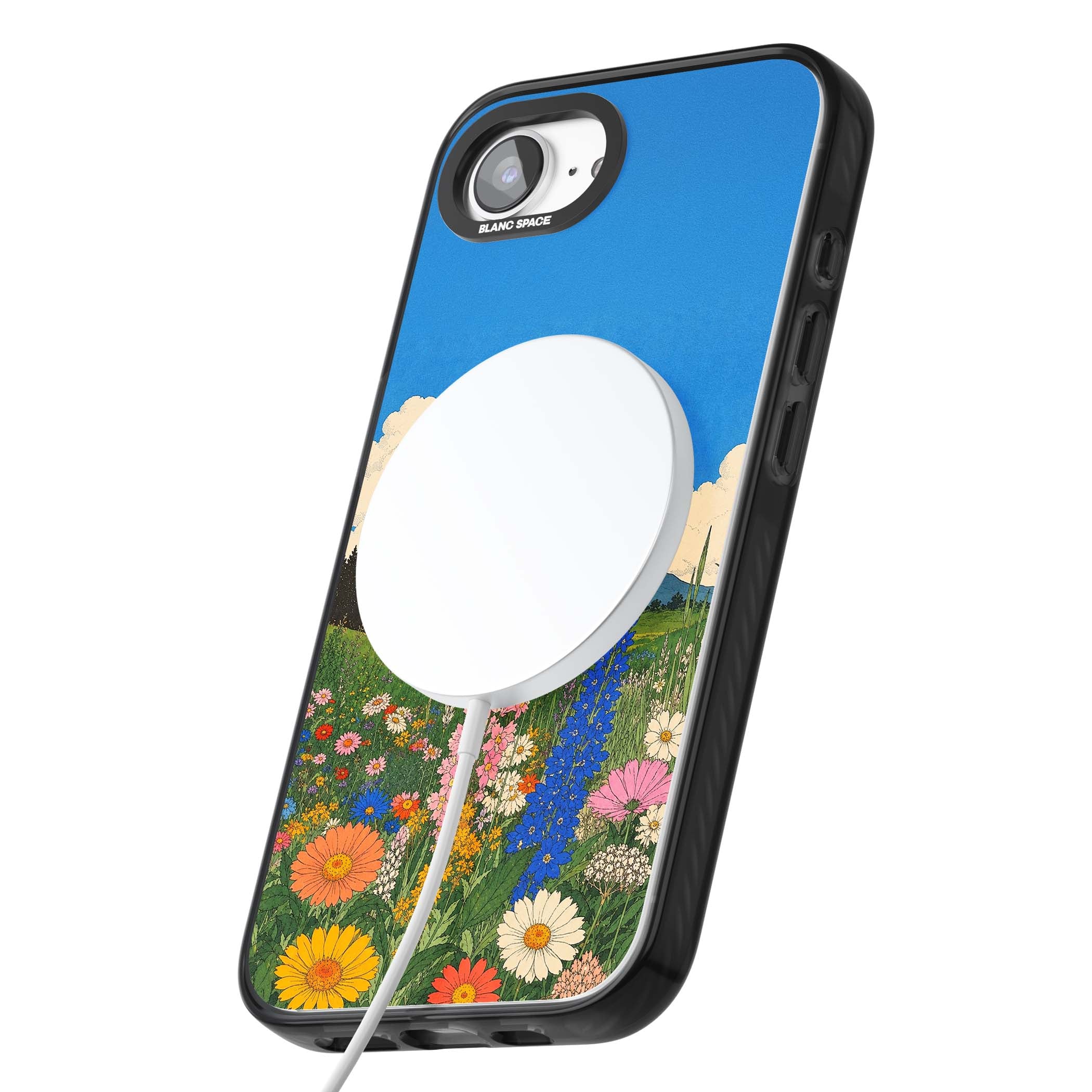 Wildbloom wildflower iPhone case featuring a vintage Japanese-style meadow landscape with daisies, delphiniums and moun | Black Impact Magsafe case for iPhone 16e, iPhone 17e