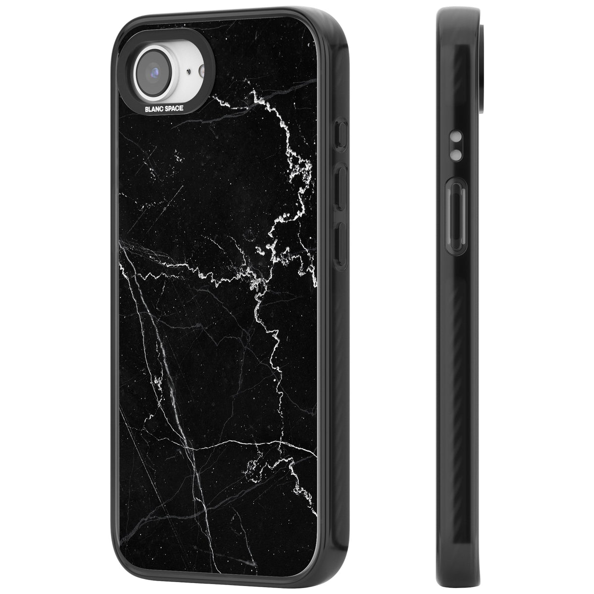Bold Black Marble With White Texture iPhone 16e / iPhone 17e Impact Black Phone Case side