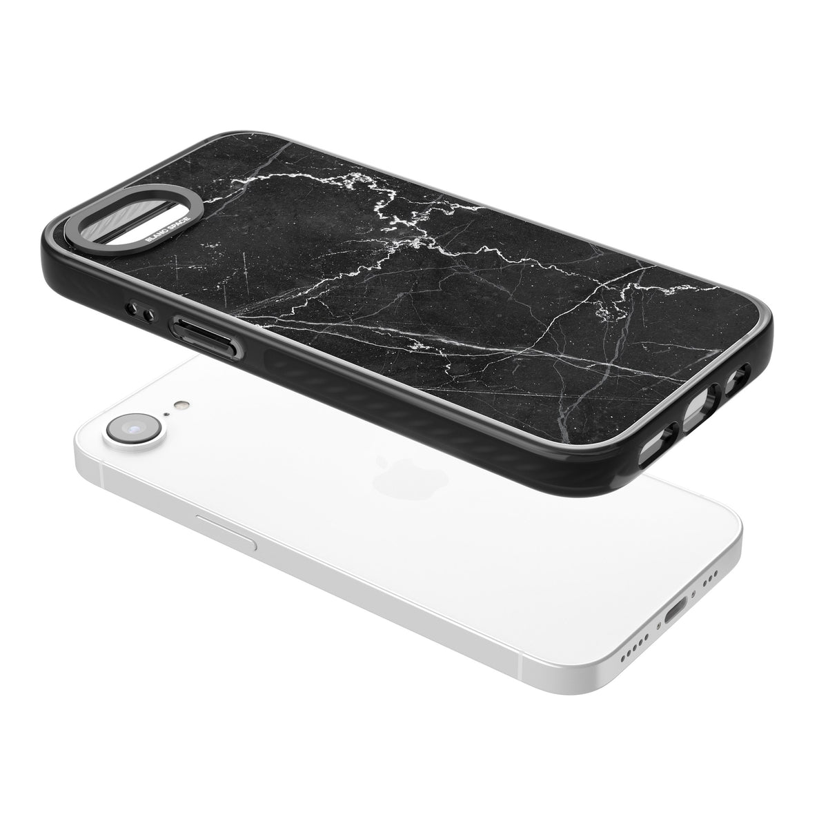 Bold Black Marble With White Texture iPhone 16e / iPhone 17e Impact Black Phone Case angled
