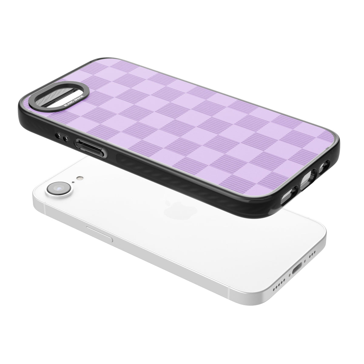 Lilac Checkered iPhone 16e / iPhone 17e Impact Black Phone Case angled