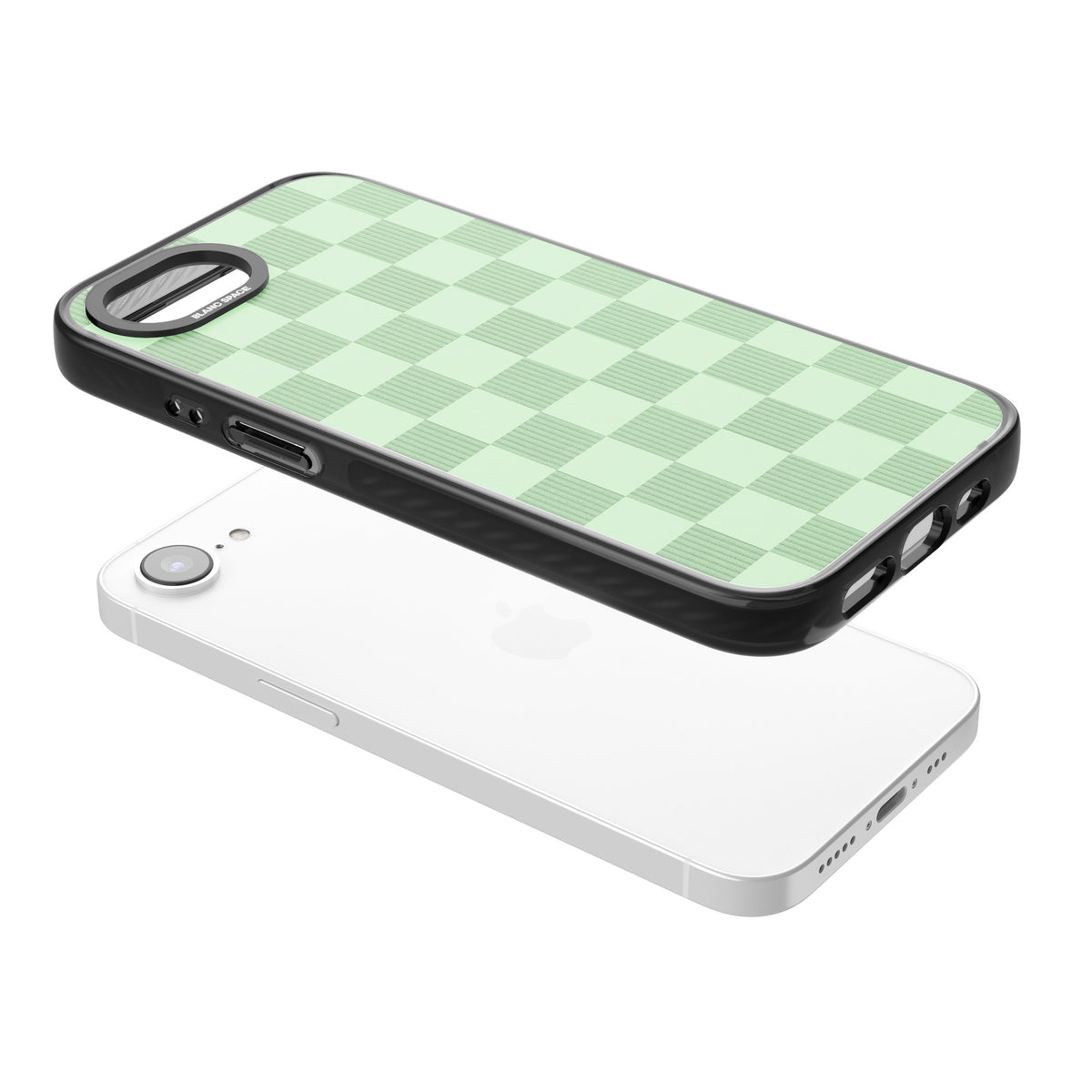 Seafoam Checkered iPhone 16e / iPhone 17e Impact Black Phone Case angled