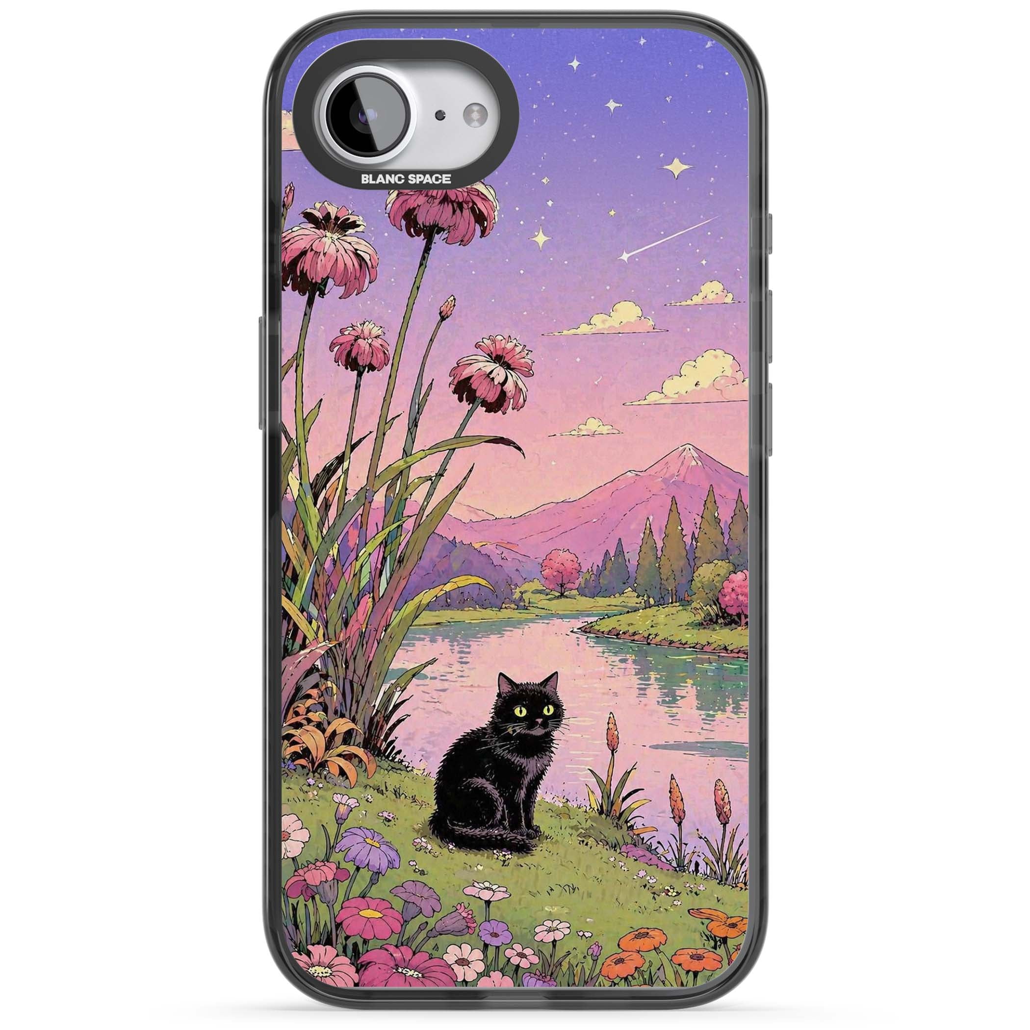 Mystic Whiskers ghibli iPhone case featuring a black cat by a pastel lake, wildflowers and a starry sunset sky | Black Impact case for iPhone 16e, iPhone 17e