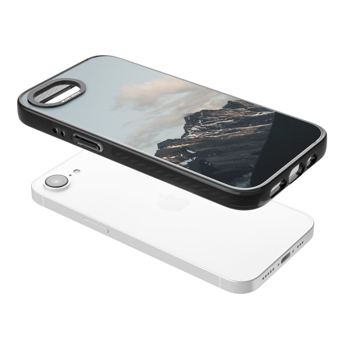 Twilight Mountain iPhone 16e / iPhone 17e Impact Black Phone Case angled