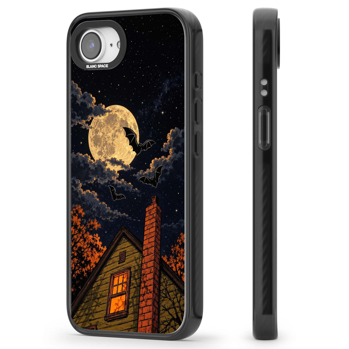 Hollows Eve Halloween iPhone case featuring a haunted house, full moon and flying bats against a starry autumn sky | Black Impact case for iPhone 16e, iPhone 17e