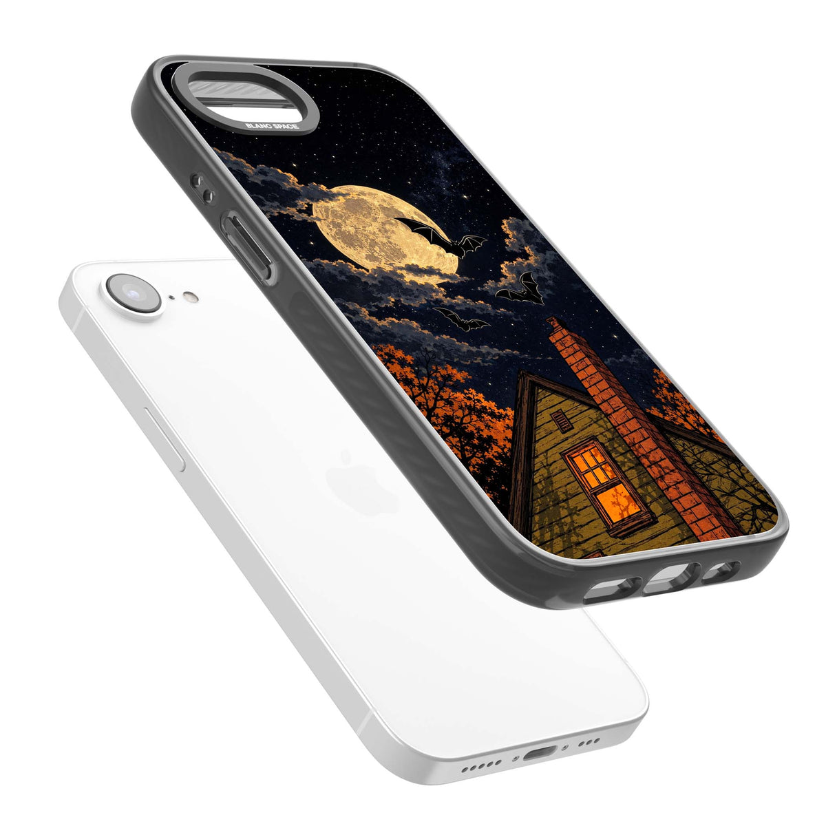 Hollows Eve Halloween iPhone case featuring a haunted house, full moon and flying bats against a starry autumn sky | Black Impact case for iPhone 16e, iPhone 17e
