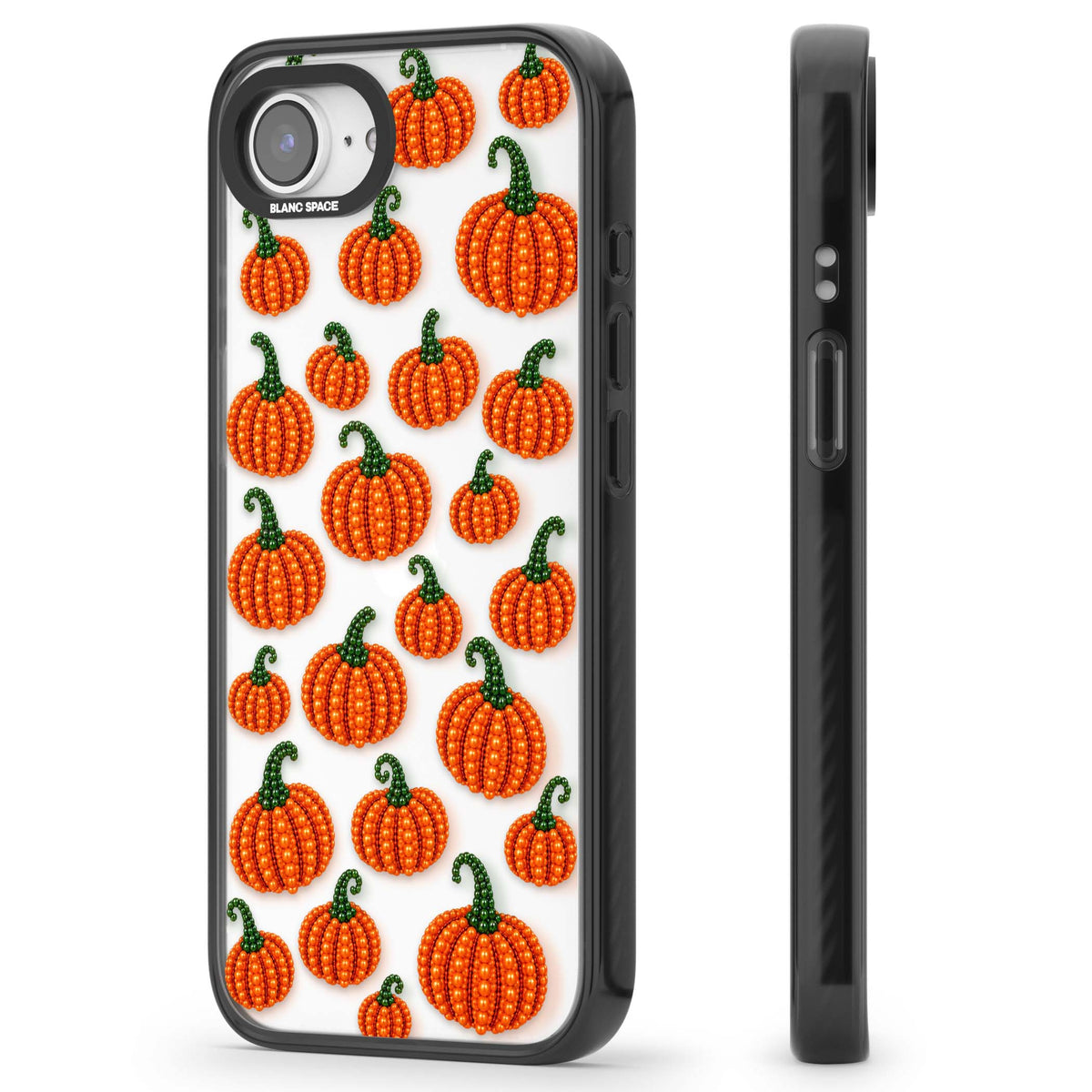 Beaded Pumpkins halloween iPhone case featuring beaded orange pumpkins with green stems on a clear background | Black Impact case for iPhone 16e, iPhone 17e