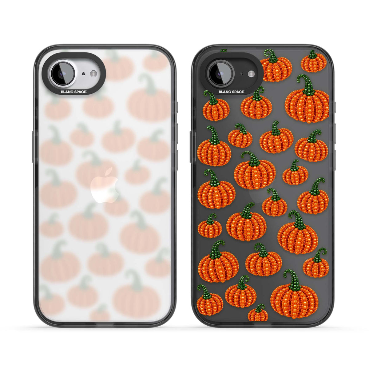 Beaded Pumpkins halloween iPhone case featuring beaded orange pumpkins with green stems on a clear background | Black Impact case for iPhone 16e, iPhone 17e