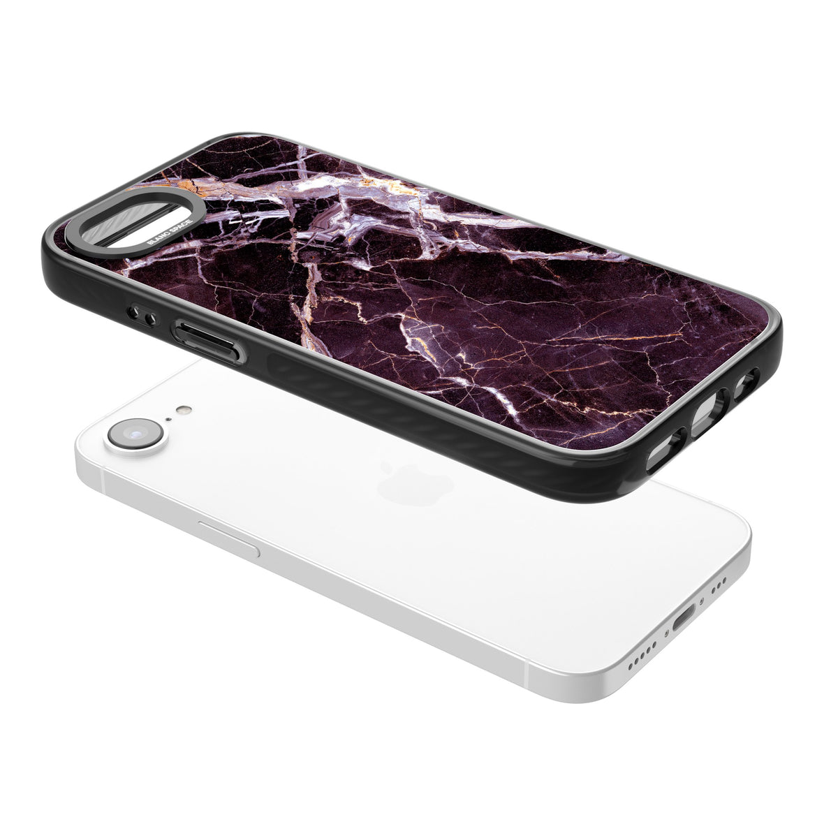 Violet Shatter Marble iPhone 16e / iPhone 17e Impact Black Phone Case angled