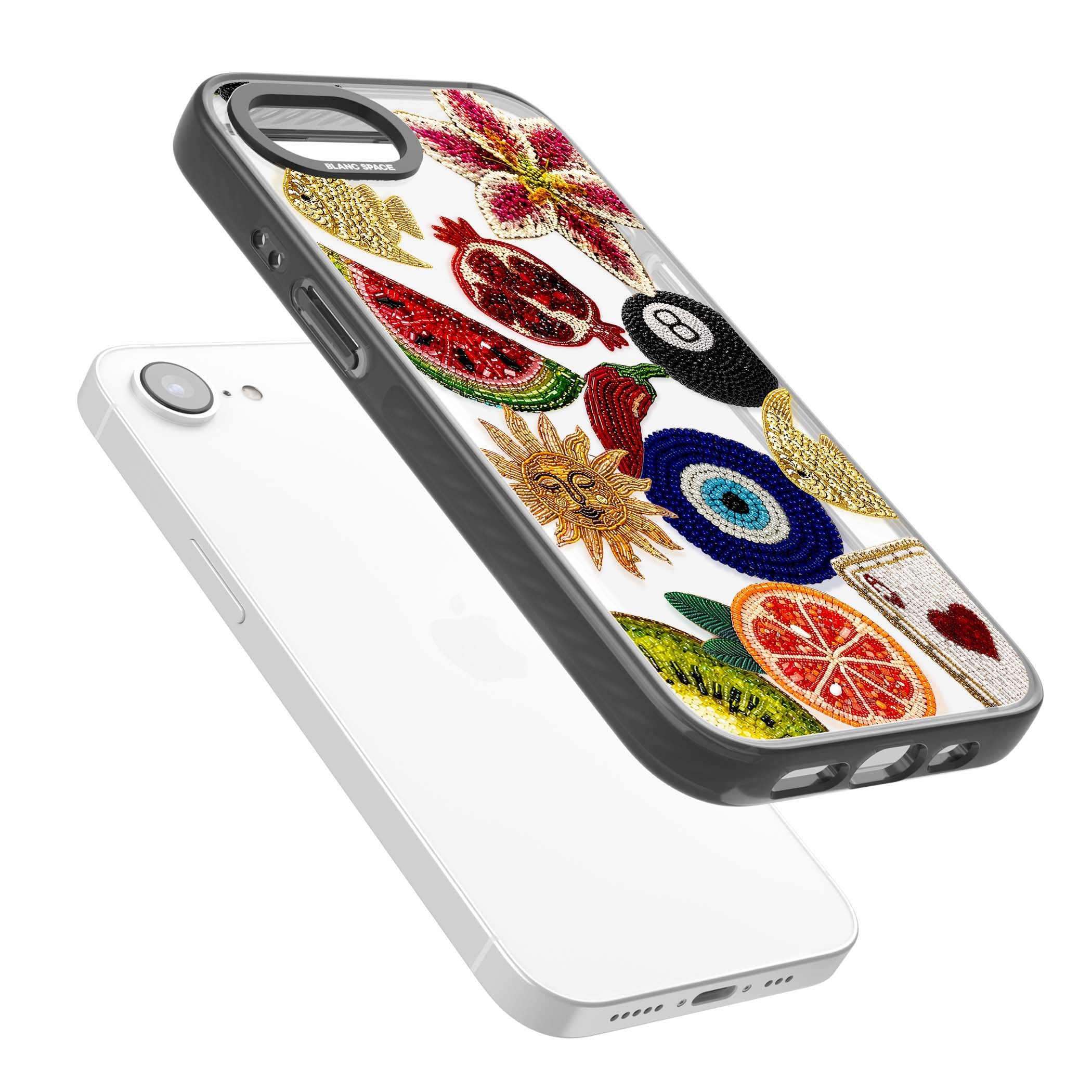 Beaded Charms embroidery iPhone case featuring beaded evil eye, fruit patches and a golden sun motif | Black Impact case for iPhone 16e, iPhone 17e
