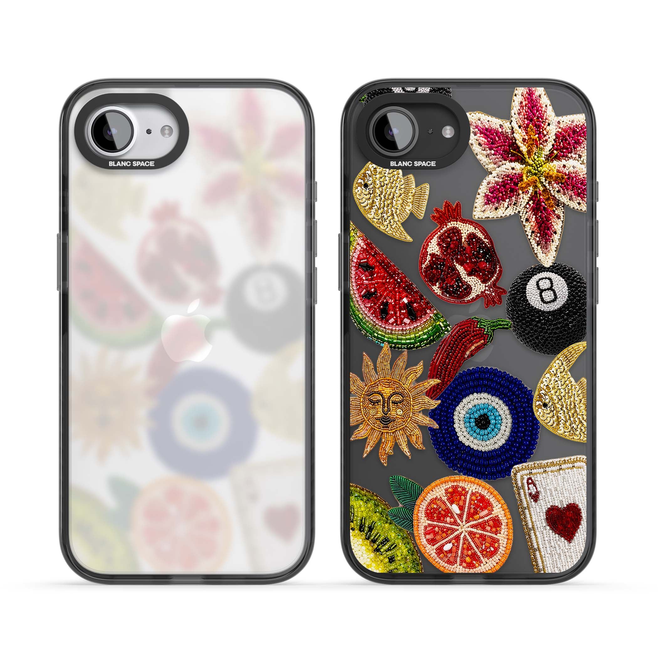 Beaded Charms embroidery iPhone case featuring beaded evil eye, fruit patches and a golden sun motif | Black Impact case for iPhone 16e, iPhone 17e