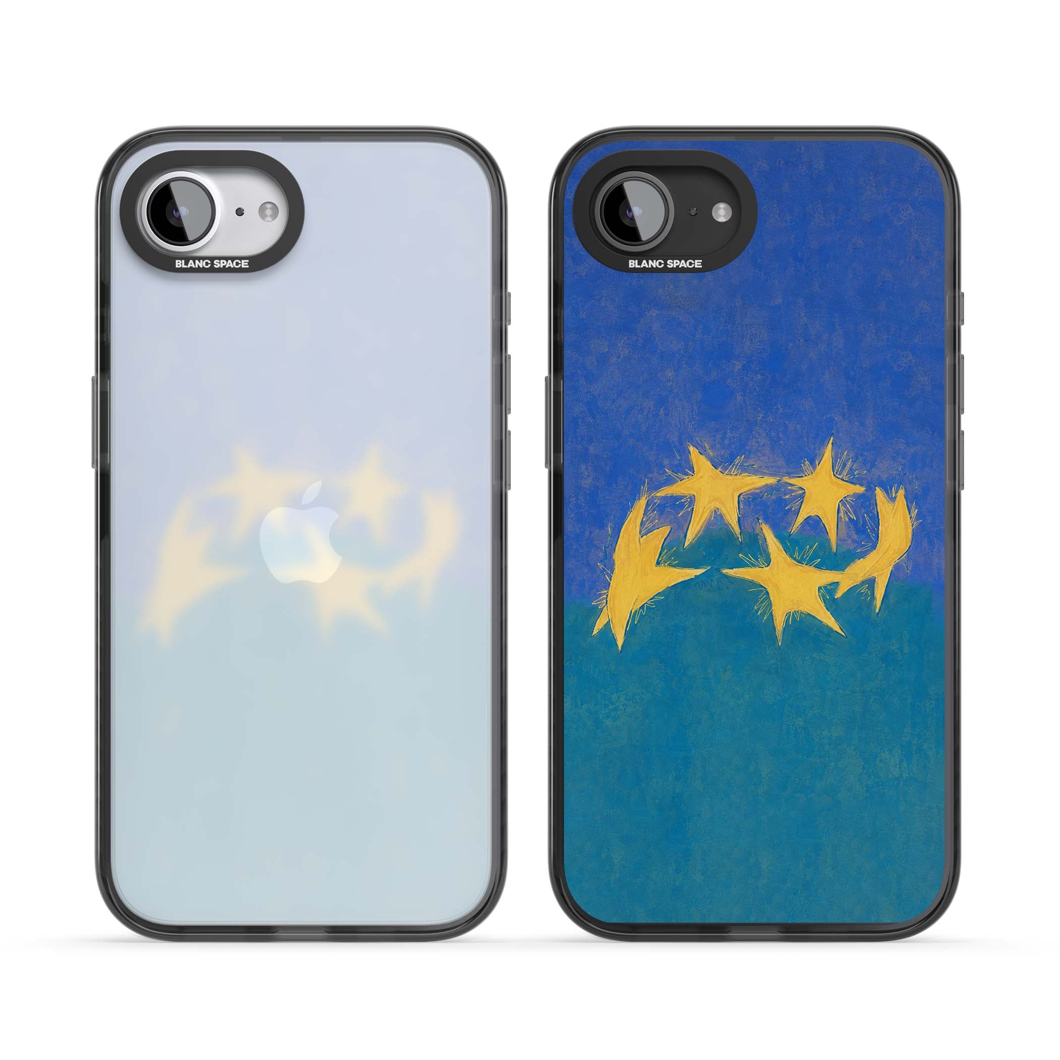 Star Boogie stars aesthetic iPhone case featuring five yellow hand-painted stars on cobalt blue and teal | Black Impact case for iPhone 16e, iPhone 17e