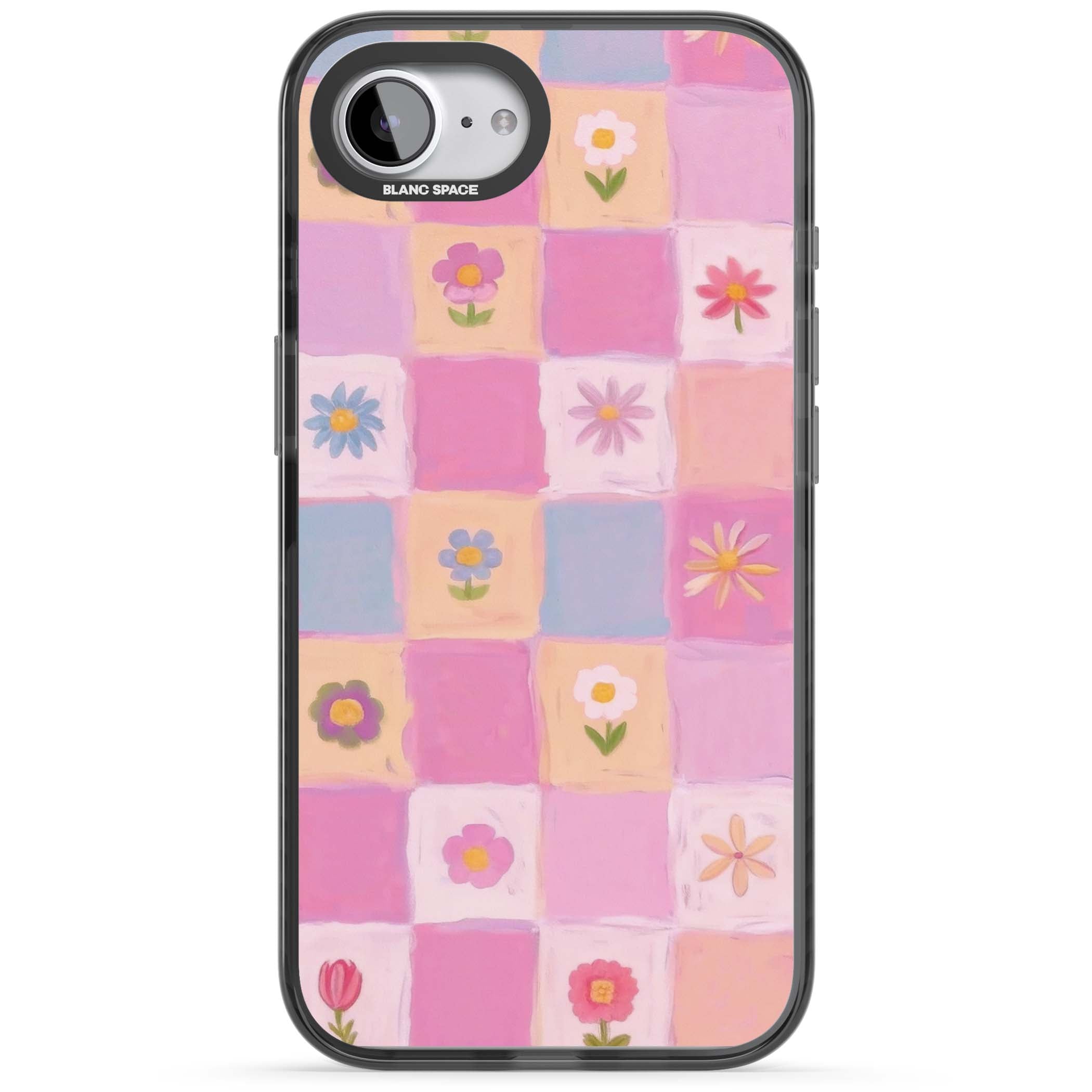Pastel Flower Patchwork cottagecore iPhone case featuring painted pink and lilac squares with daisies and wildflowers | Black Impact case for iPhone 16e, iPhone 17e