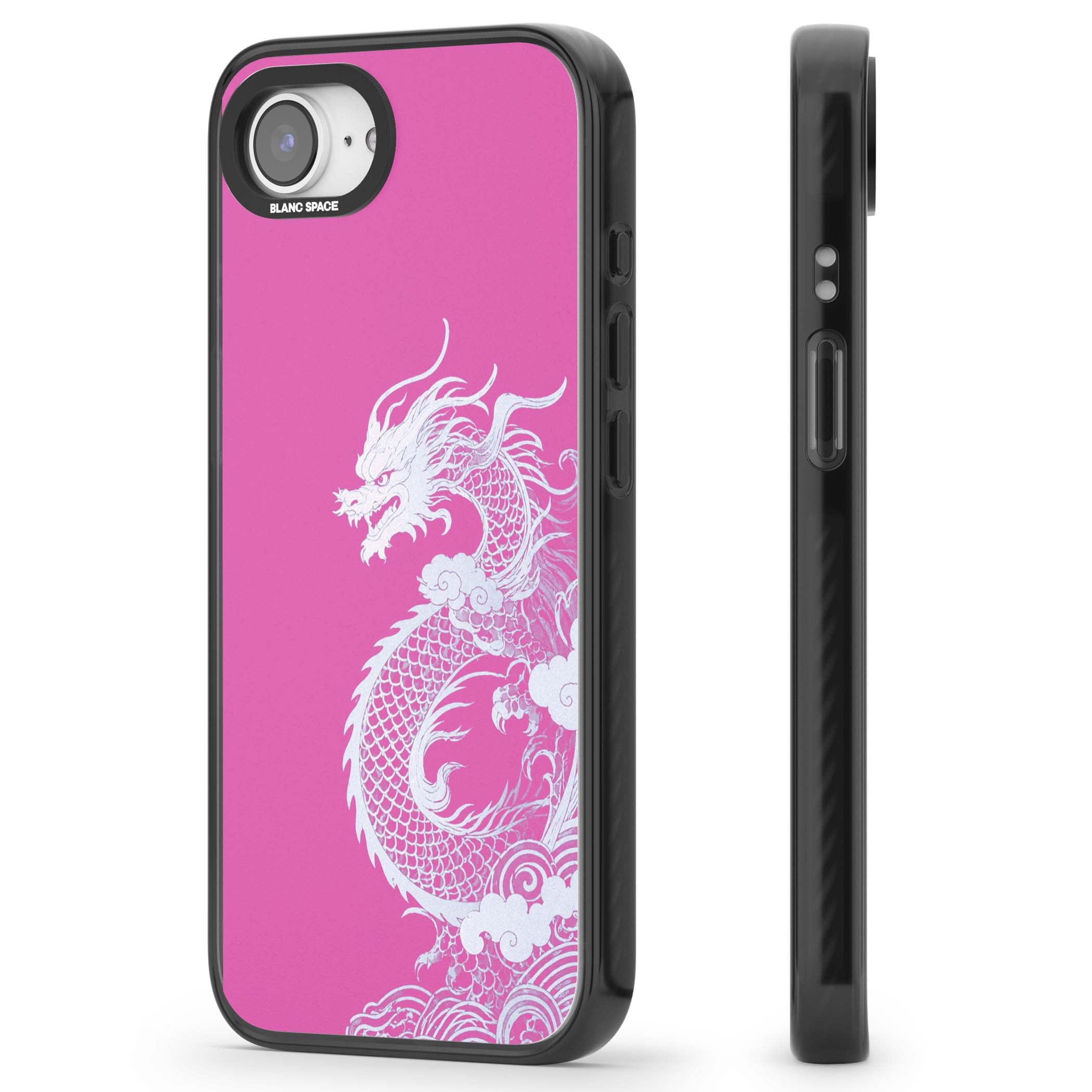Pink Empress chinese dragon iPhone case featuring a white dragon, swirling clouds and pink dragon wallpaper backdrop | Black Impact case for iPhone 16e, iPhone 17e