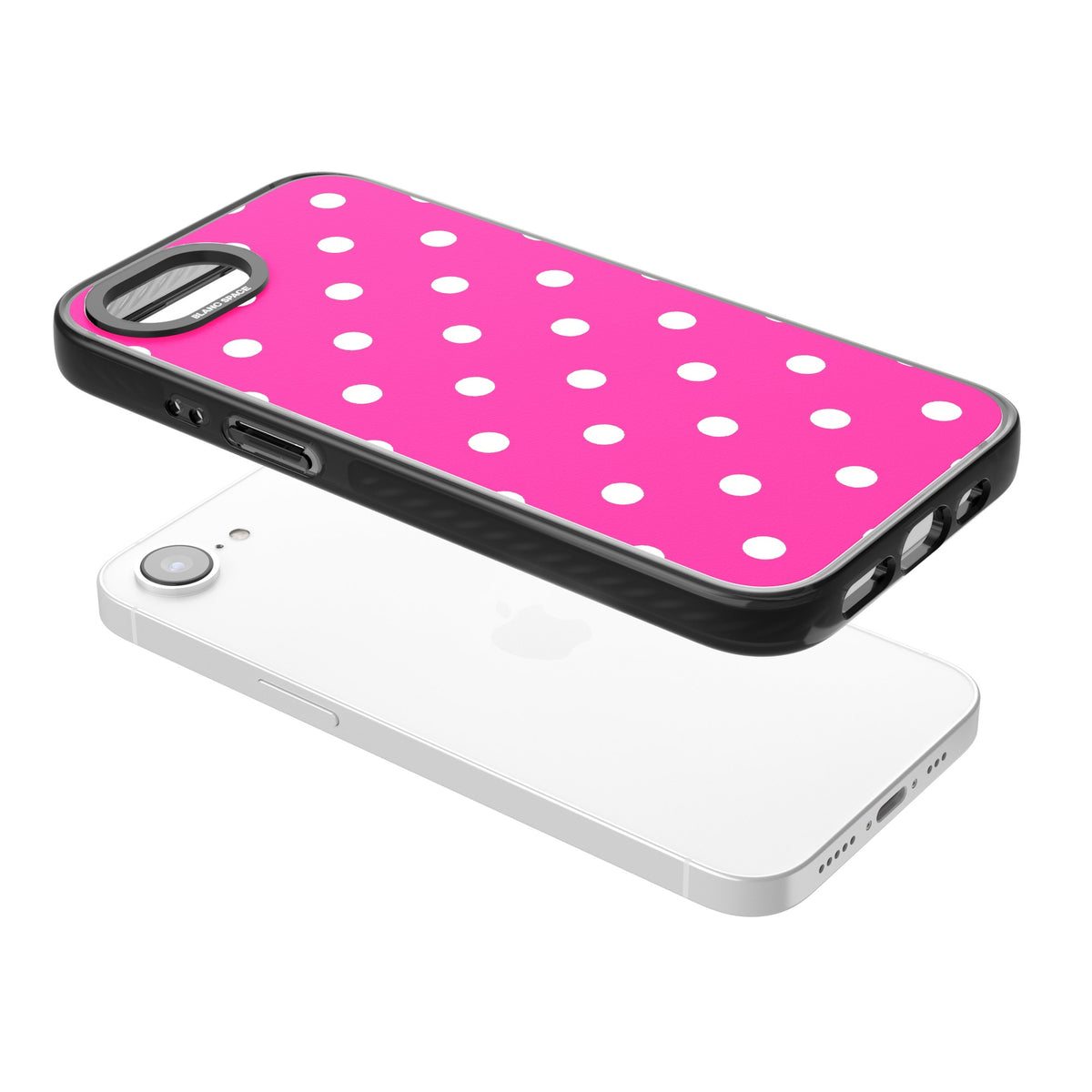 Pink Polka Dot iPhone 16e / iPhone 17e Impact Black Phone Case angled