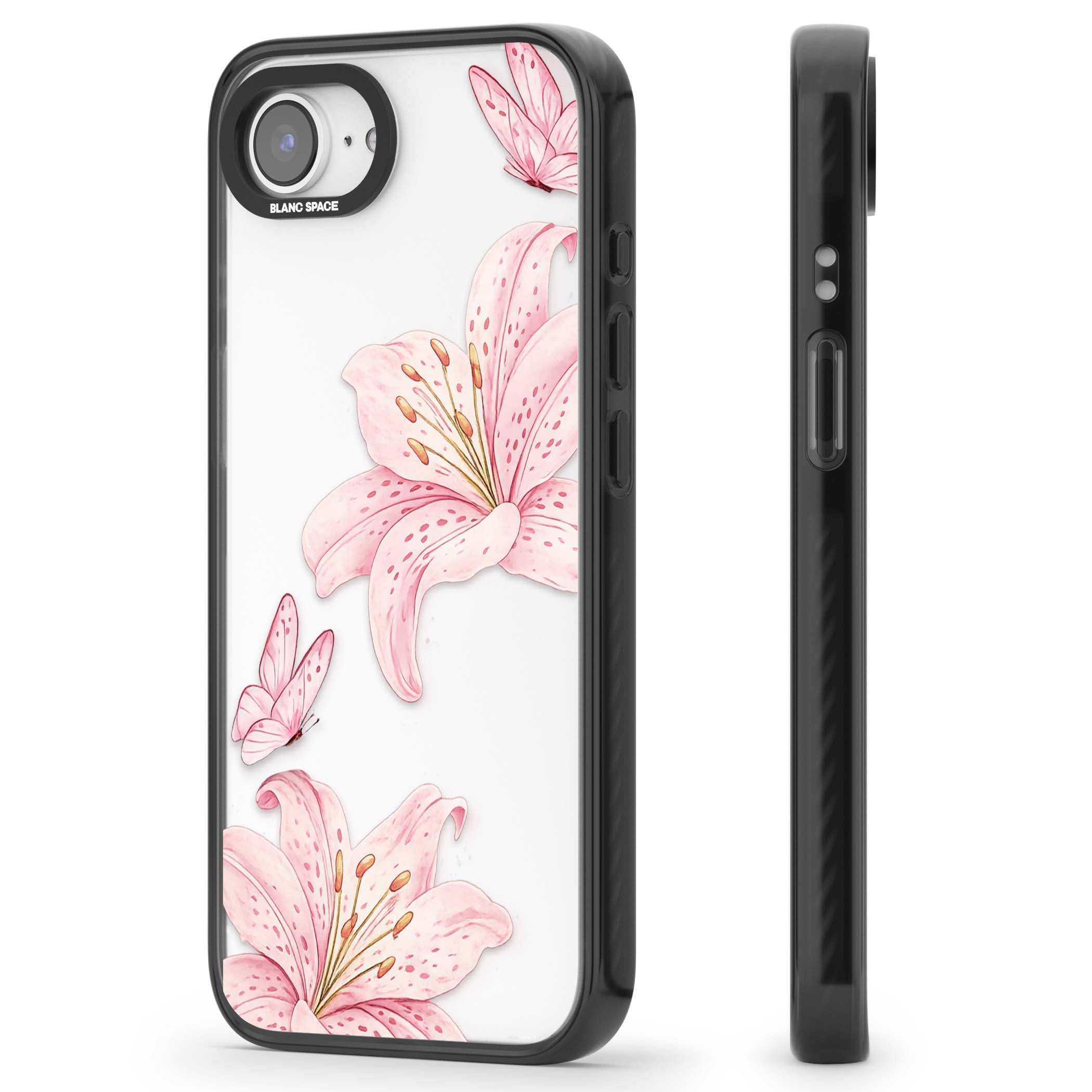 Lily Whisper floral iPhone case featuring pink watercolour lilies and delicate butterflies on a clear background | Black Impact case for iPhone 16e, iPhone 17e