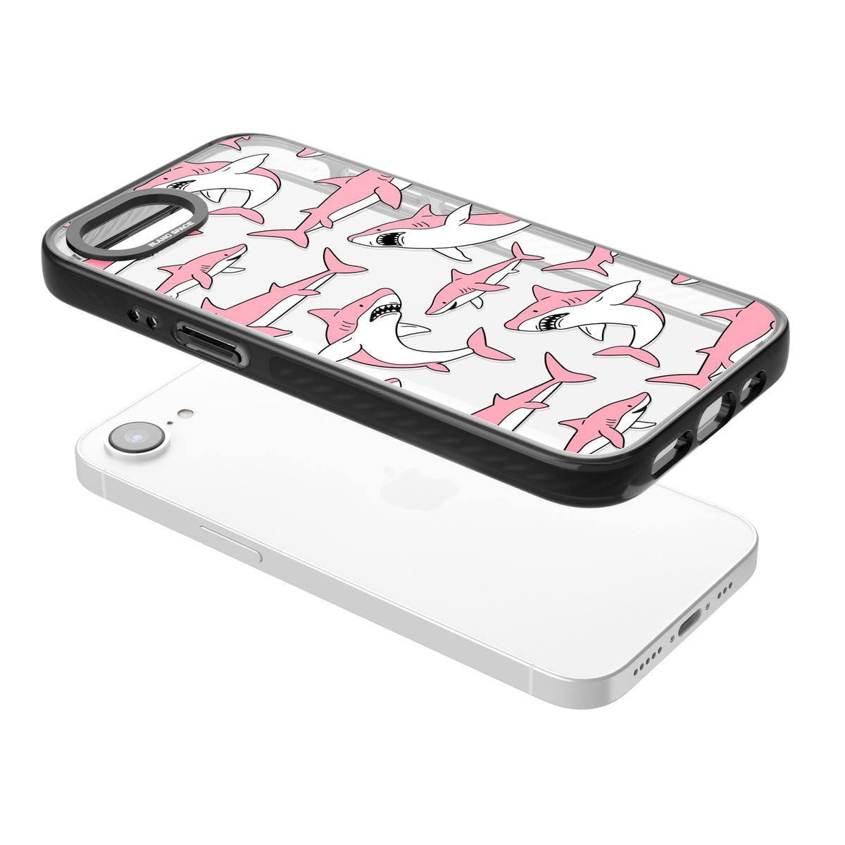 Bubblegum Sharks iPhone 16e / iPhone 17e Impact Black Phone Case angled