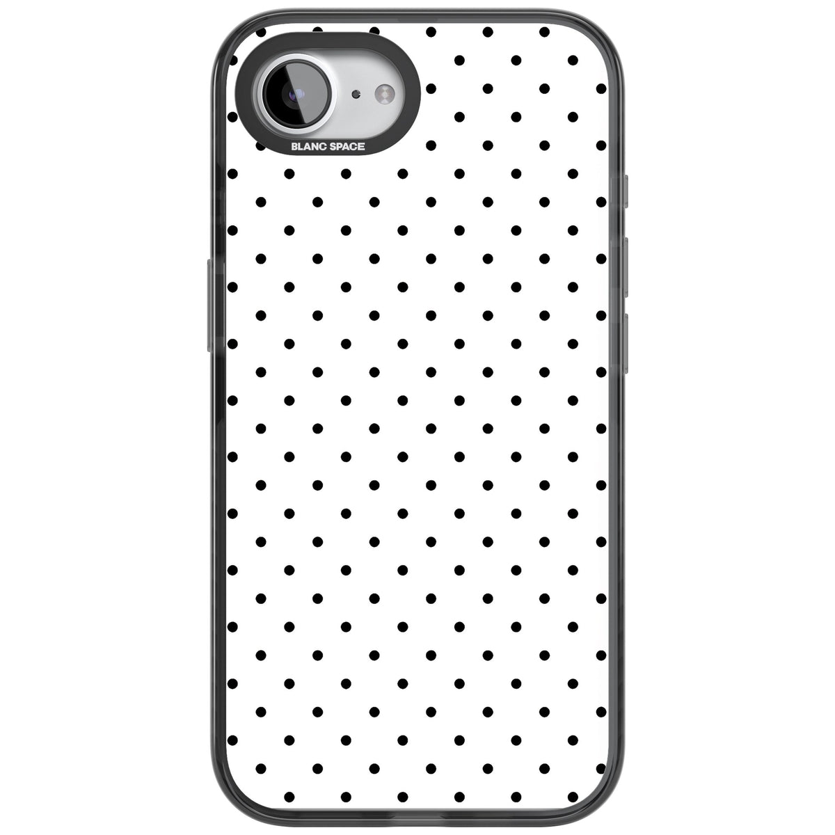 Dalmatian Dots minimal iPhone case featuring small black polka dots on a crisp white background with bold black edges iPhone 16e / iPhone 16E / iPhone 17e Impact Black Phone Case front