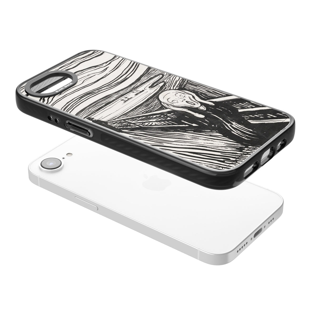 The Scream (Black & White) iPhone 16e / iPhone 17e Impact Black Phone Case angled