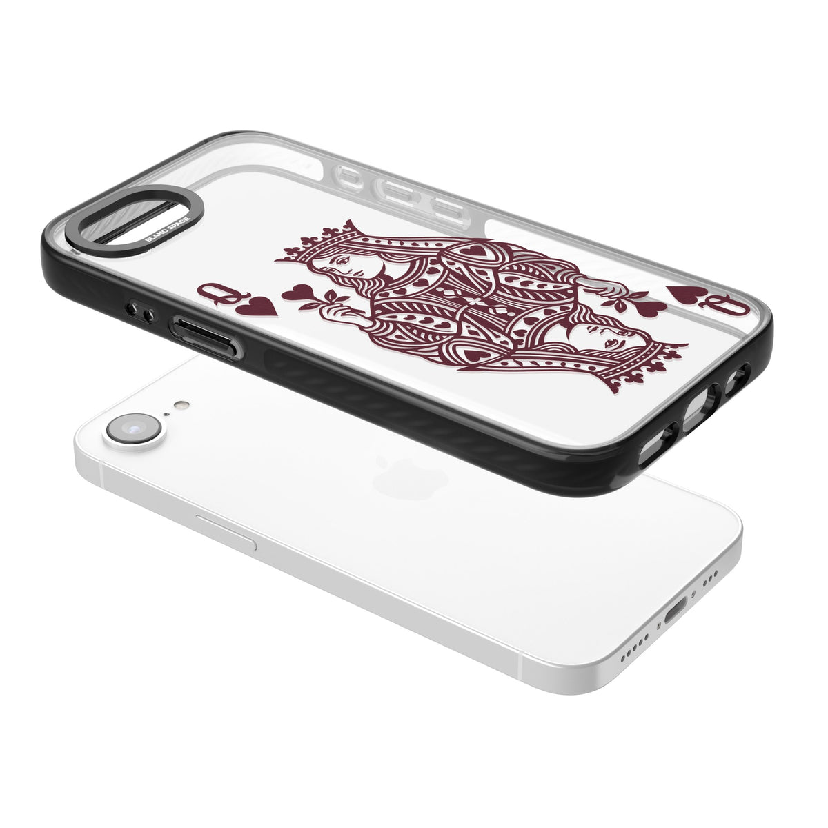 Queen Of Hearts (Burgundy) iPhone 16e / iPhone 17e Impact Black Phone Case angled