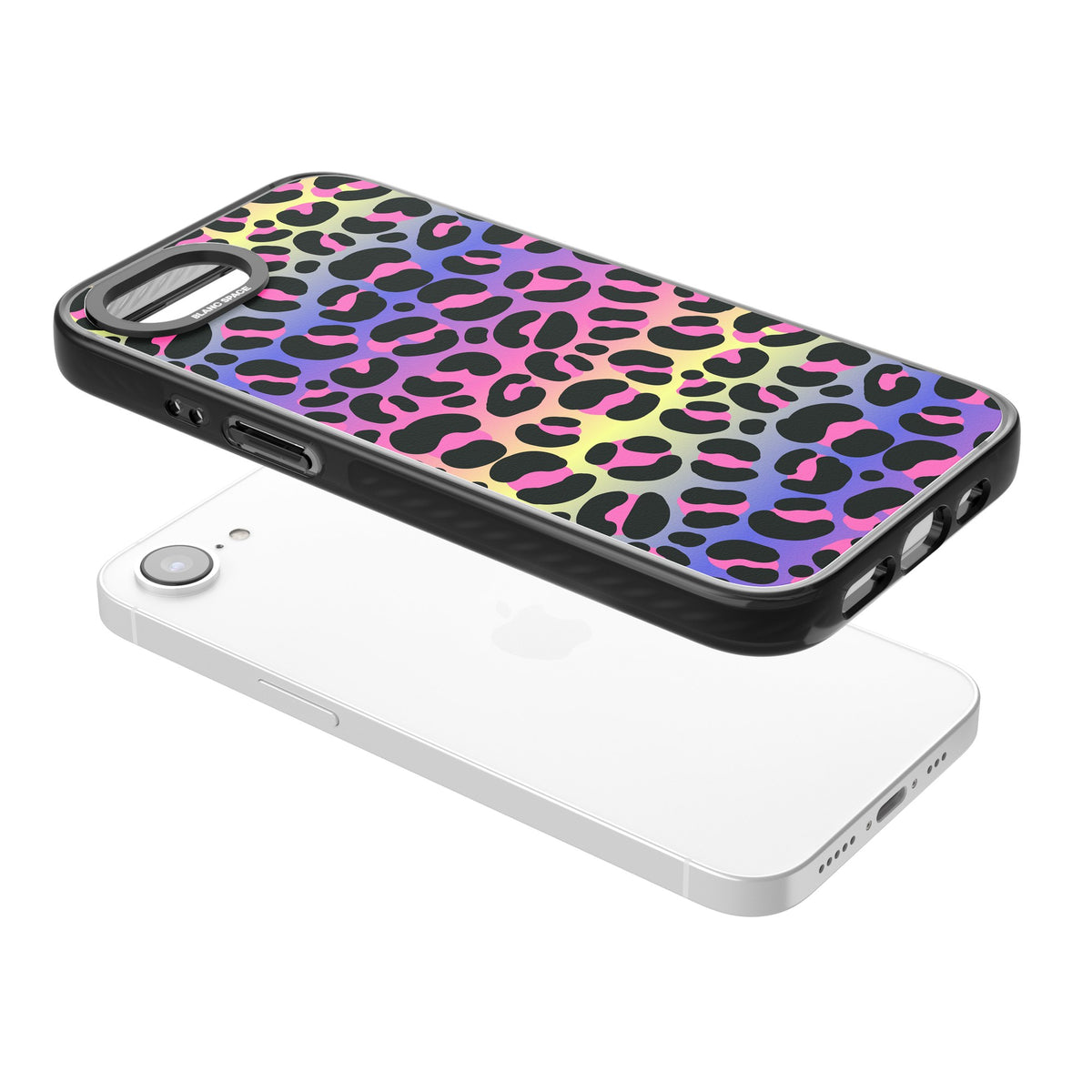 Rainbow Gradient Leopard iPhone 16e / iPhone 17e Impact Black Phone Case angled