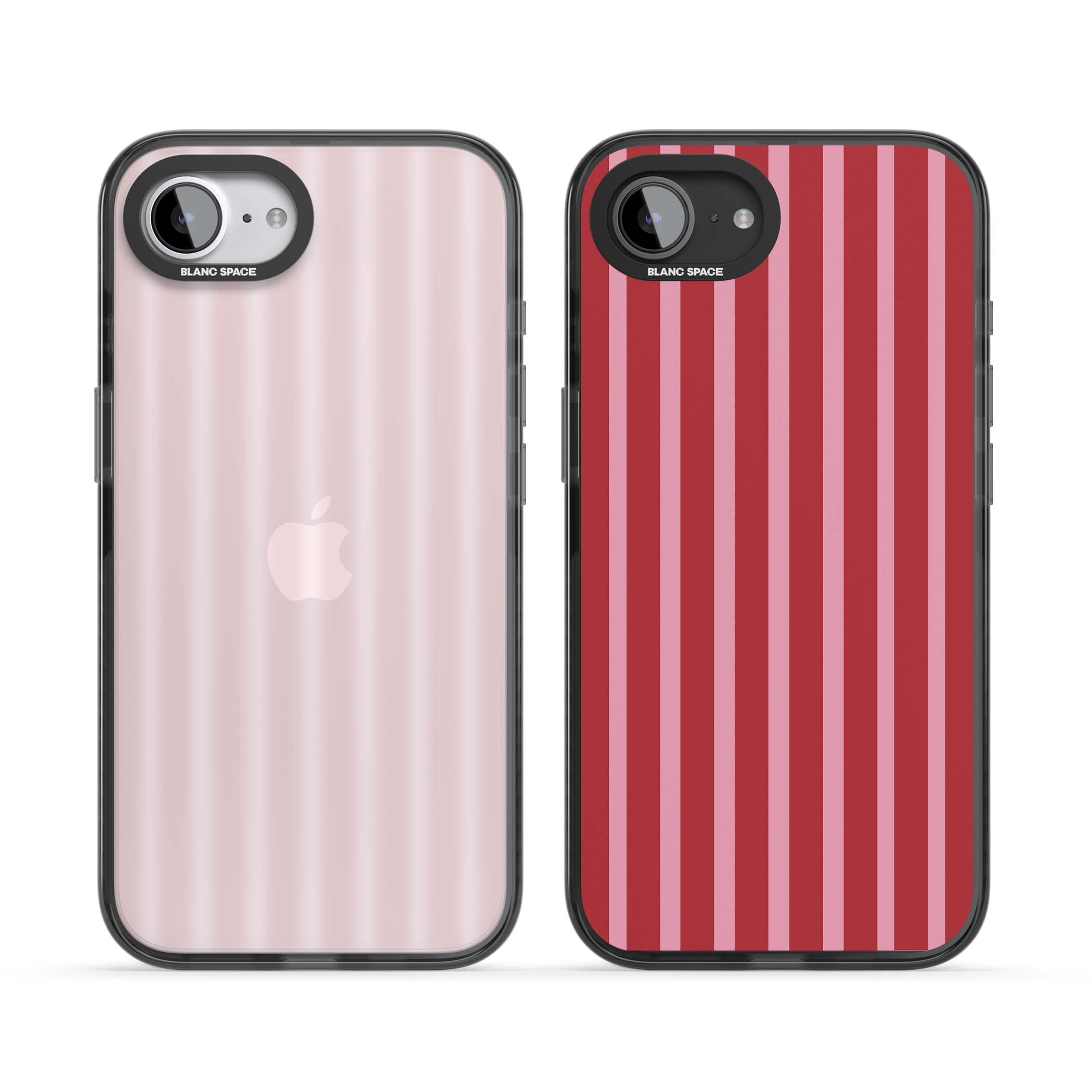 Raspberry Stripe coquette iPhone case featuring red and pink vertical stripes in a candy-inspired pattern | Black Impact case for iPhone 16e, iPhone 17e