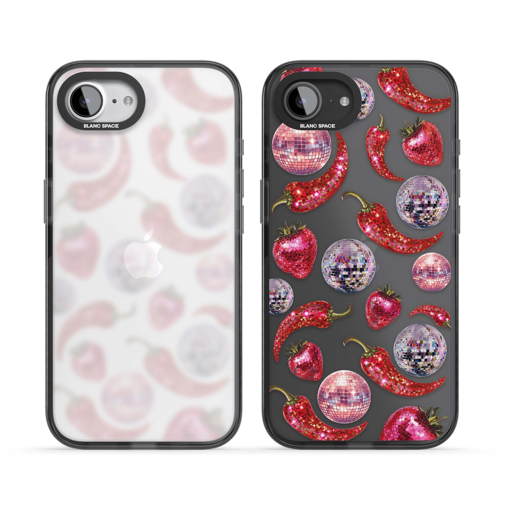 Spicy Disco Y2K iPhone case featuring glitter disco balls, sparkly strawberries and red chilli peppers | Black Impact case for iPhone 16e, iPhone 17e