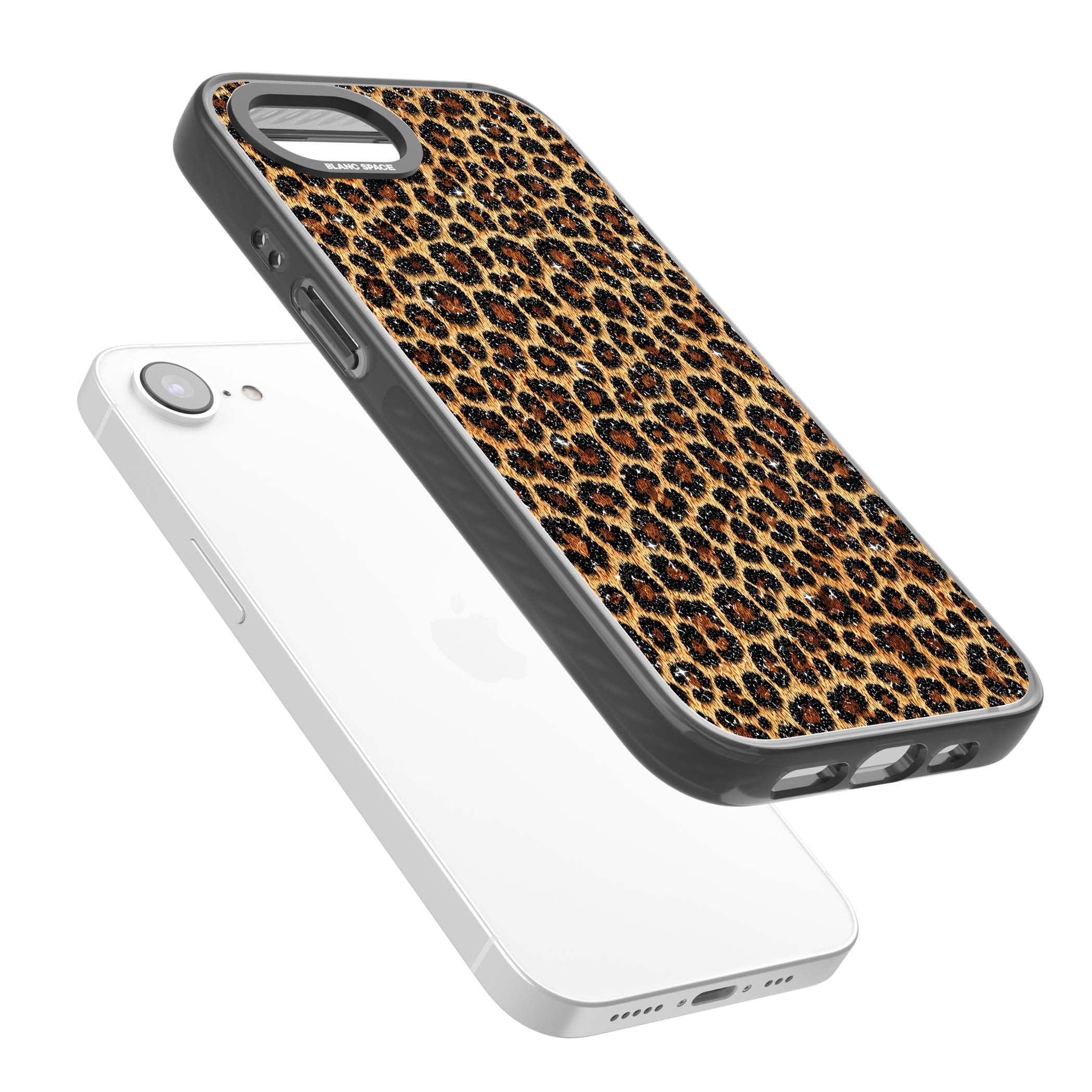 Diamond Leopard leopard print iPhone case featuring golden tan fur, black rosette spots and subtle glitter sparkle | Black Impact case for iPhone 16e, iPhone 17e