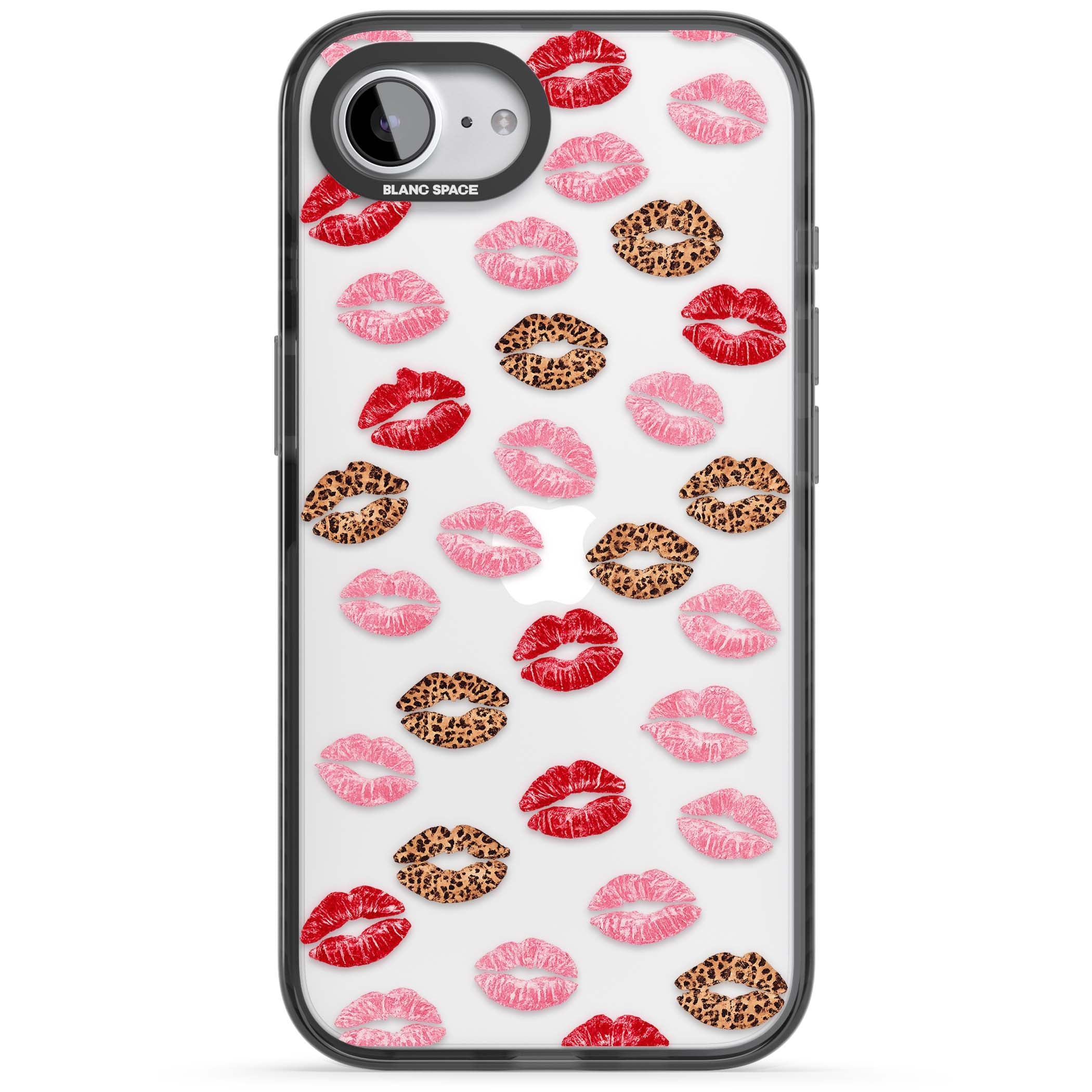 Wild Kisses coquette iPhone case featuring red, pink and leopard print lipstick kiss marks on a clear background | Black Impact case for iPhone 16e, iPhone 17e