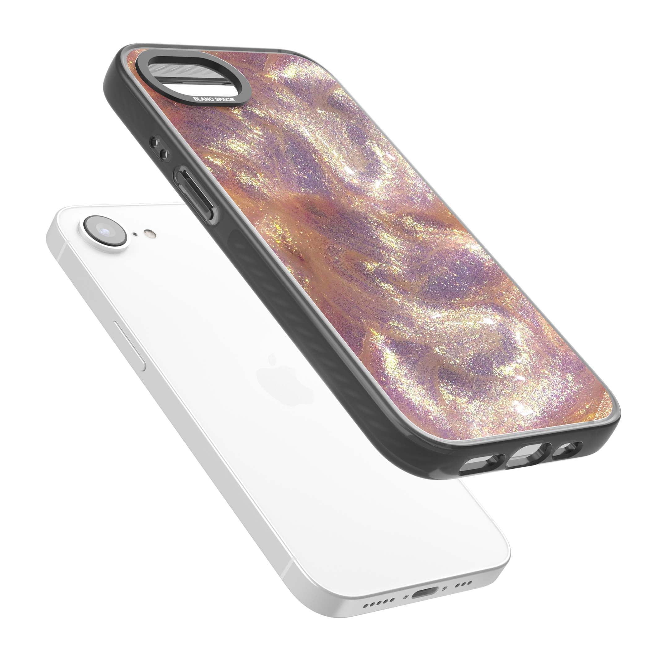Shimmer marble iPhone case featuring rose gold glitter swirls, lilac shimmer and iridescent pearl finish | Black Impact case for iPhone 16e, iPhone 17e