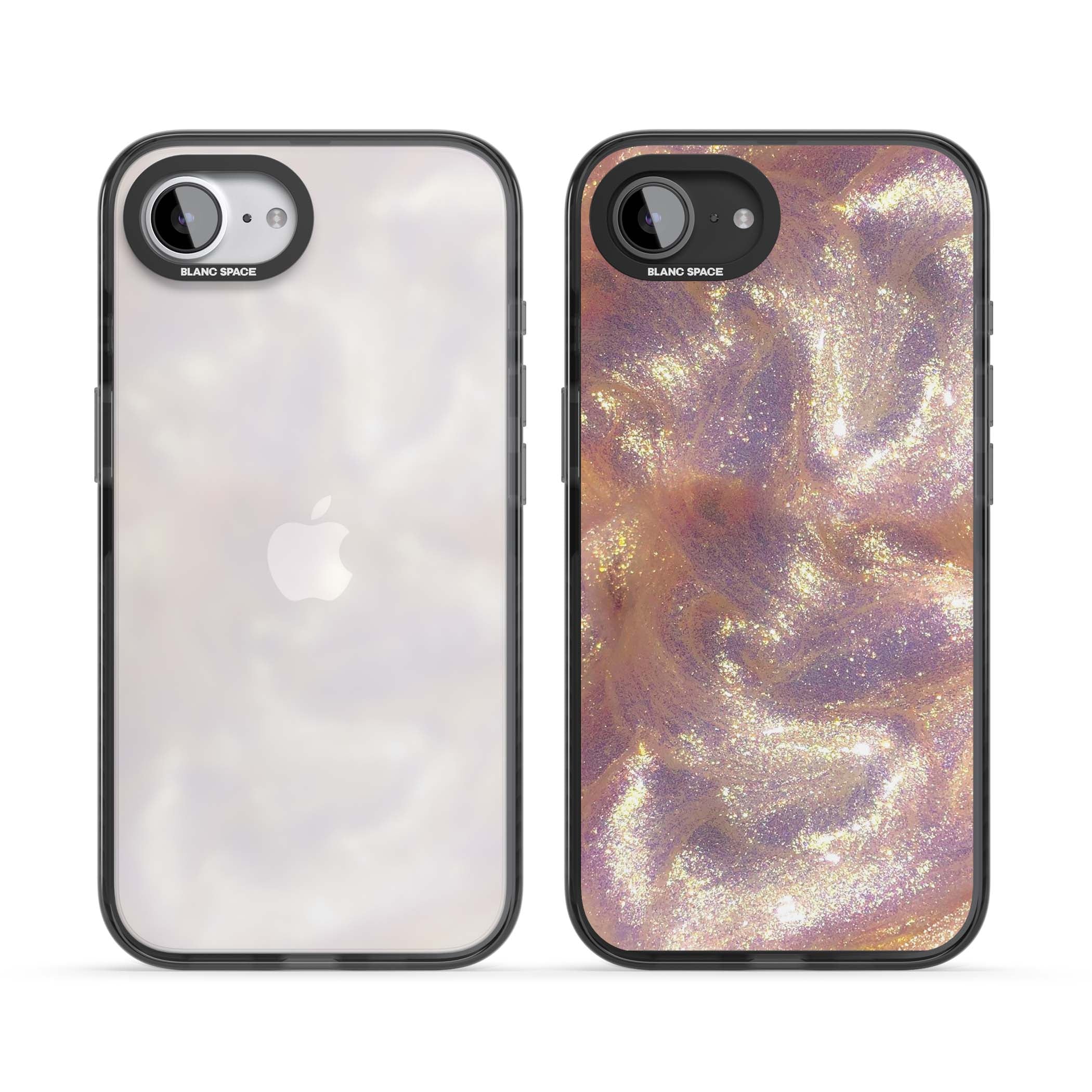 Shimmer marble iPhone case featuring rose gold glitter swirls, lilac shimmer and iridescent pearl finish | Black Impact case for iPhone 16e, iPhone 17e
