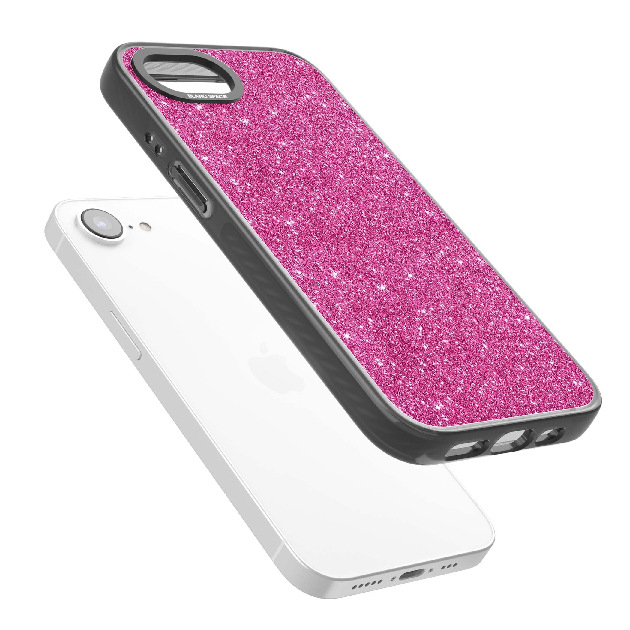 Pink Glitter Y2K iPhone case featuring hot pink glitter wallpaper with sparkle shimmer effect | Black Impact case for iPhone 16e, iPhone 17e