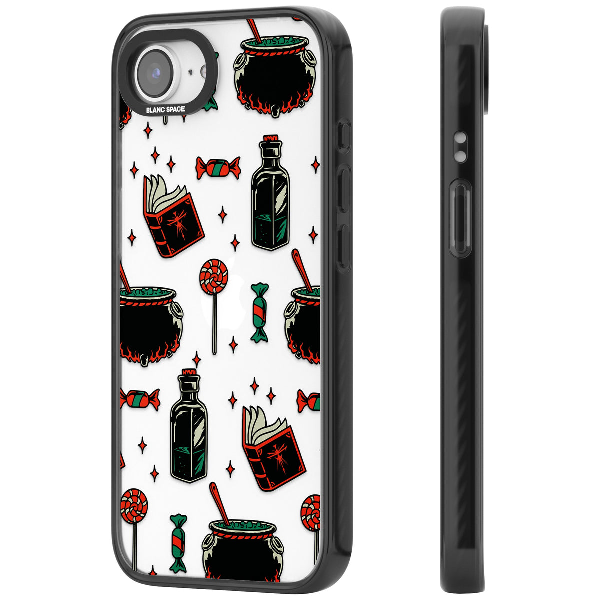 Witch’s Brew & Candy Spell Pattern iPhone 16e / iPhone 17e Impact Black Phone Case side